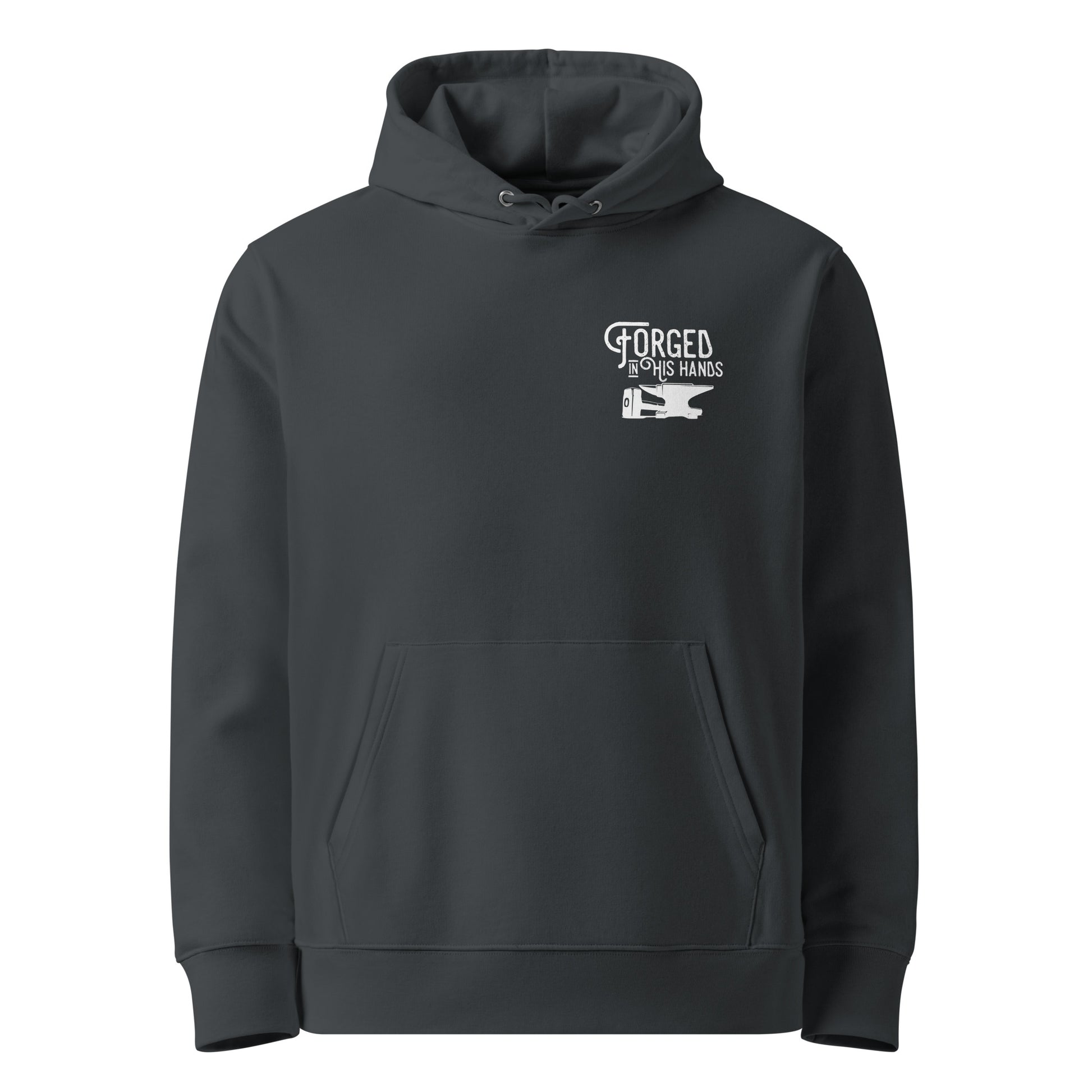 Forged in His Hands God hoodie india ink grey front — Entrusted to Him