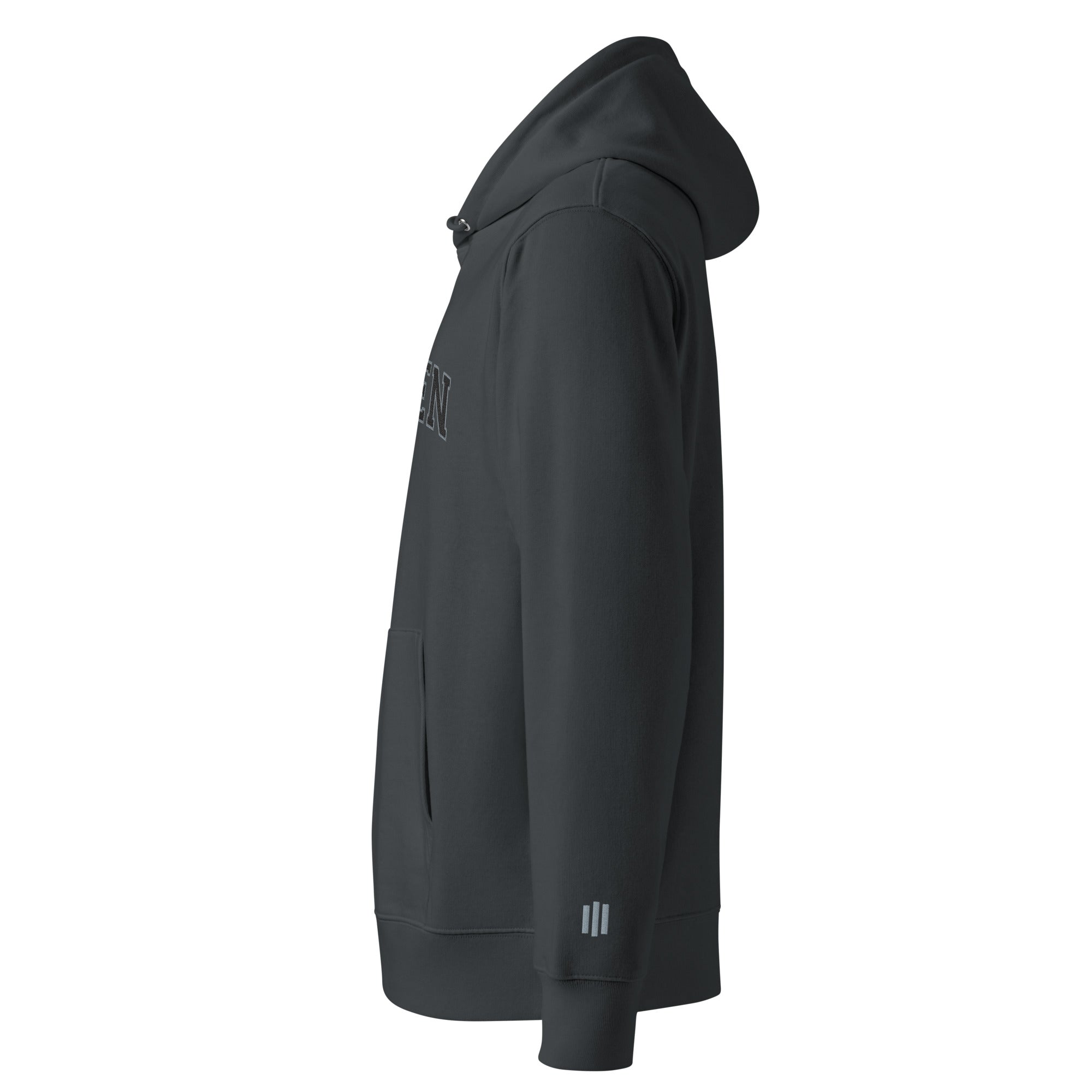 Image of Risen Varsity Special Edition Christian hoodie india ink grey left view — Entrusted to Him