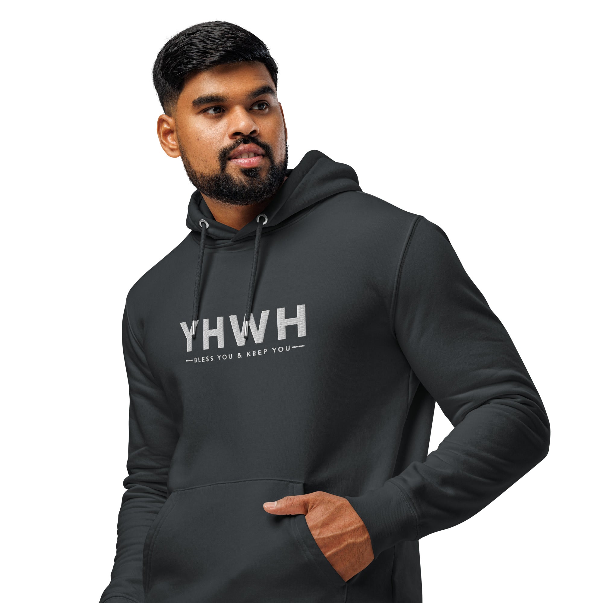 Image of YHWH Priestly Blessing Christian hoodie india ink grey left front view — Entrusted to Him