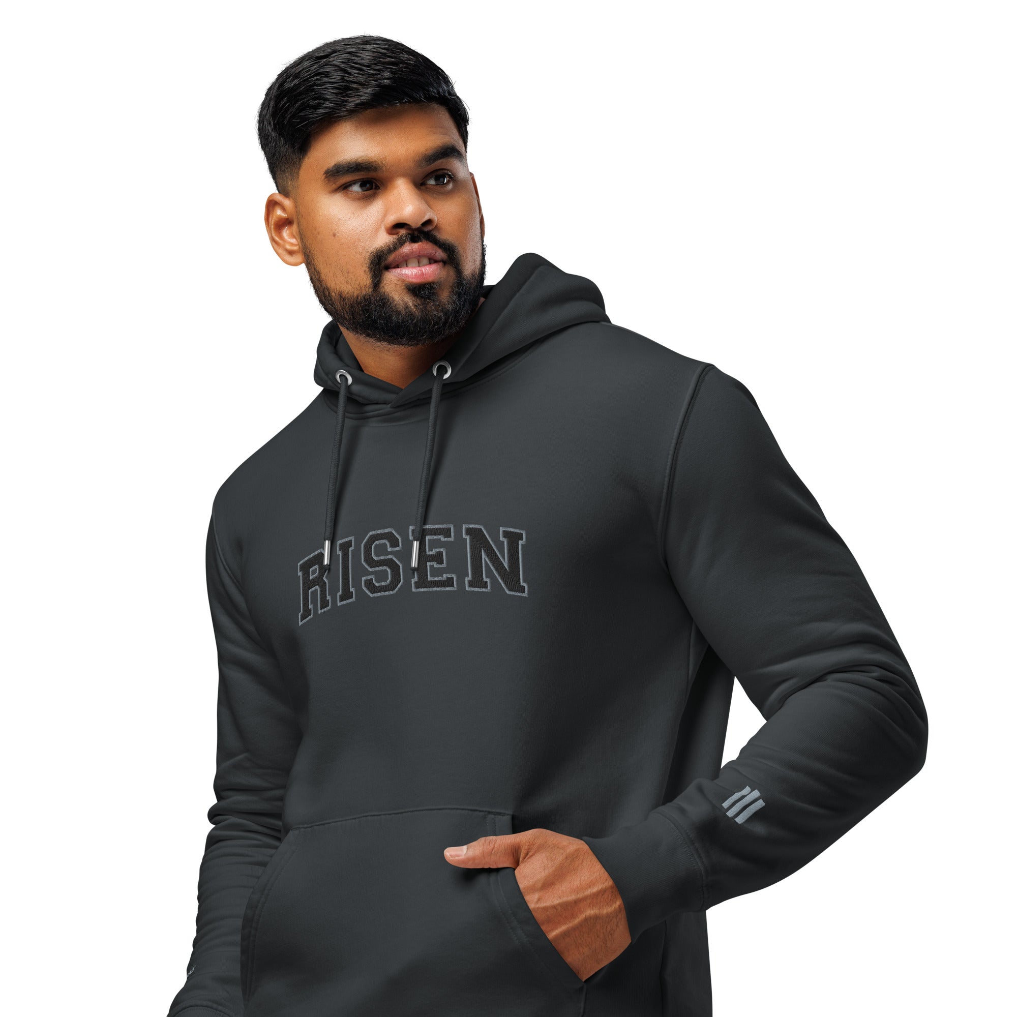 Image of Risen Varsity Special Edition Christian hoodie india ink grey left front view — Entrusted to Him