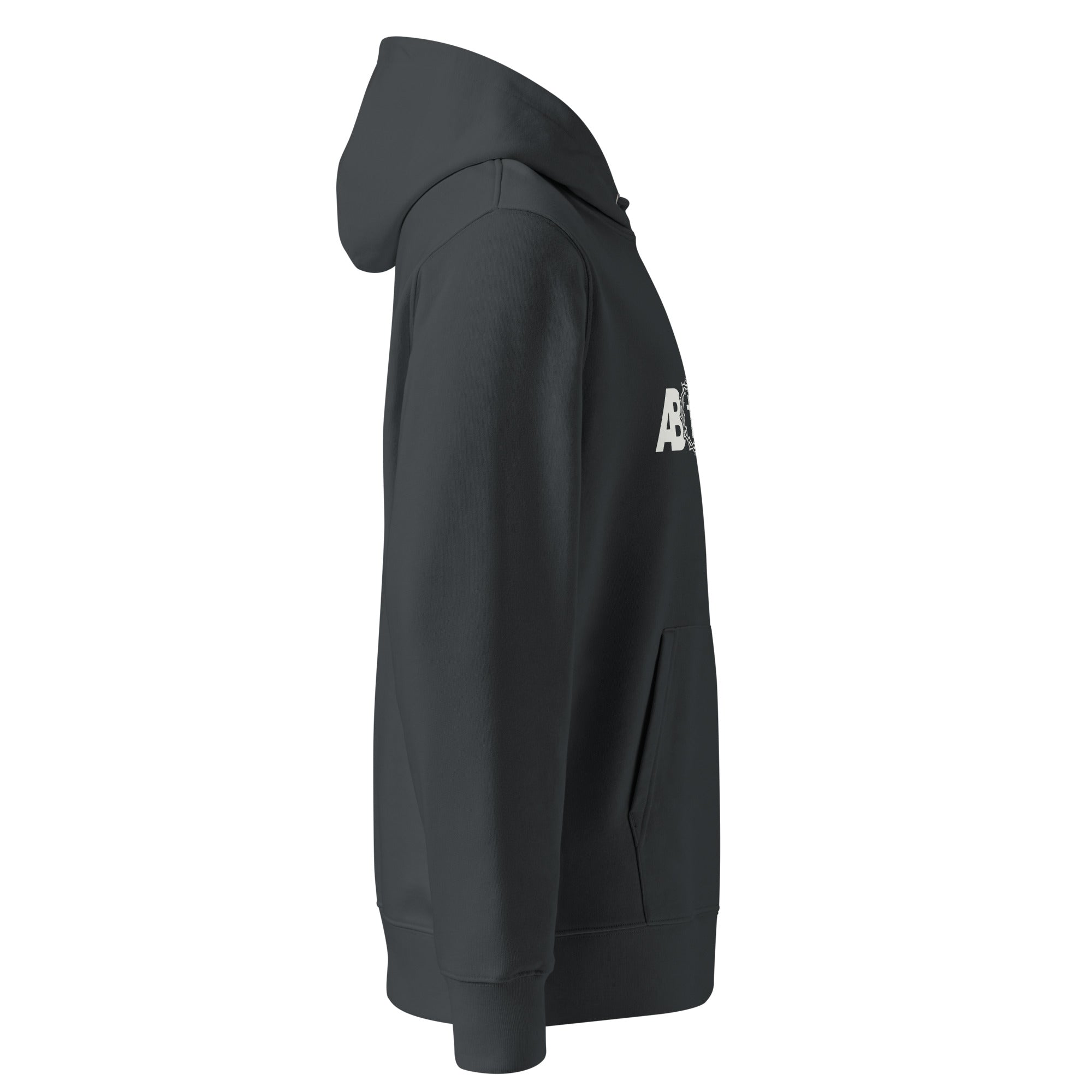 Image of Grace Abounds Christian hoodie india ink grey right side view — Entrusted to Him