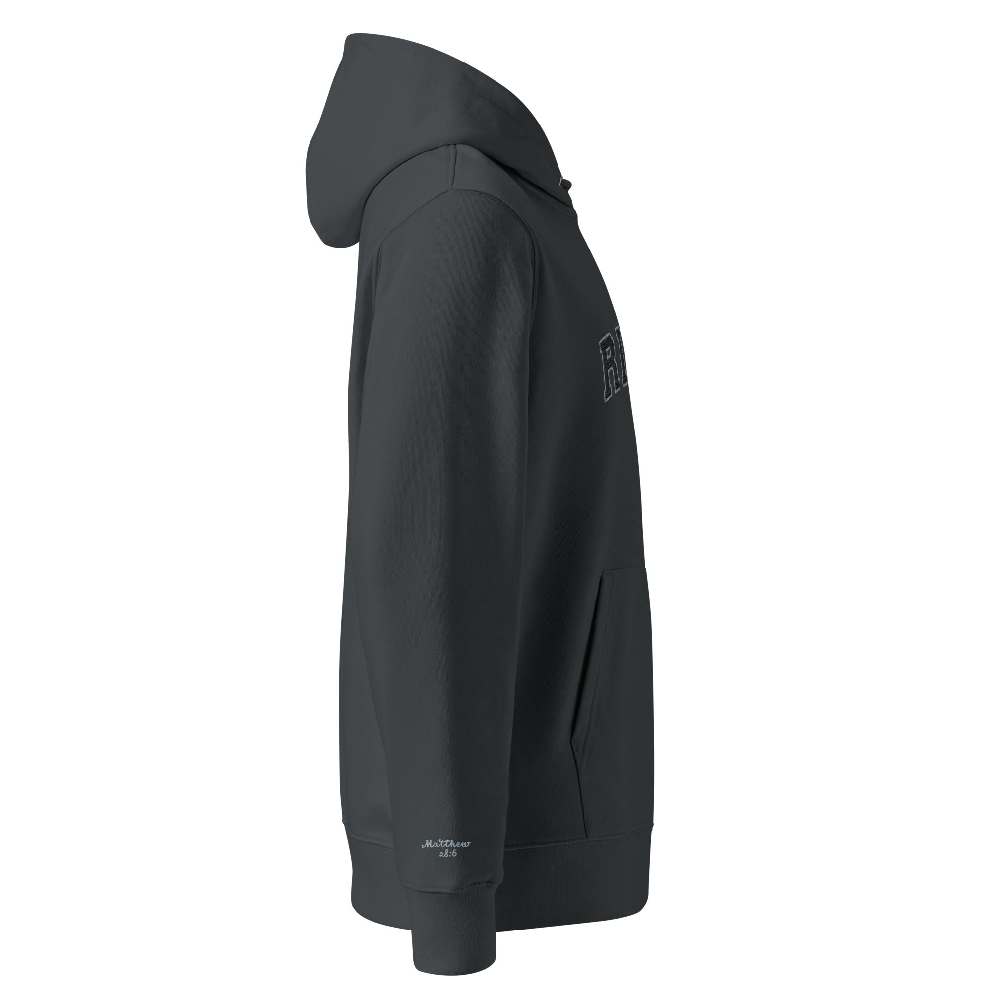 Image of Risen Varsity Special Edition Christian hoodie india ink grey right side view — Entrusted to Him