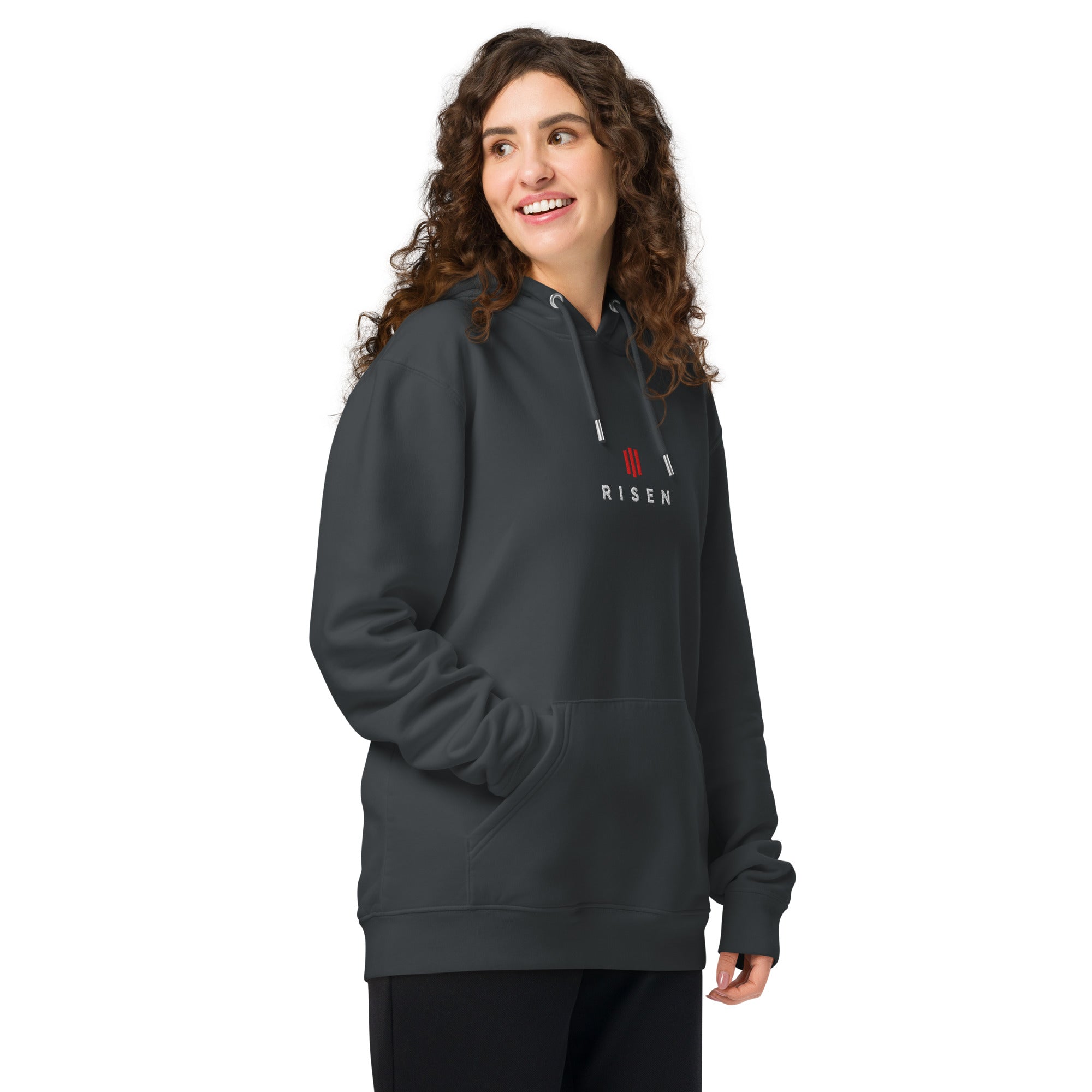 Image of Risen Jesus hoodie india ink grey right front view — Entrusted to Him