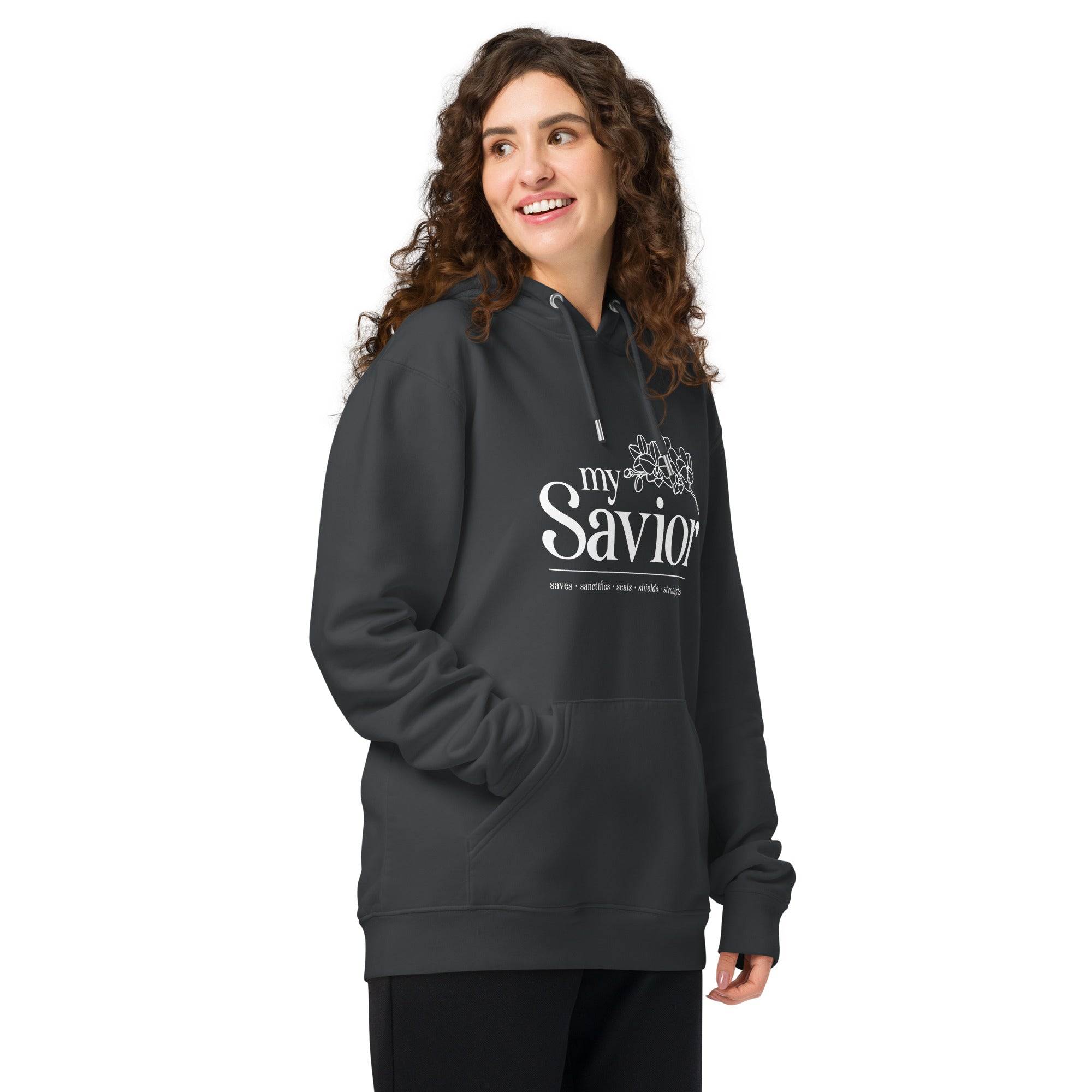 Image of My Savior faith-based hoodie india ink grey right front view — Entrusted to Him