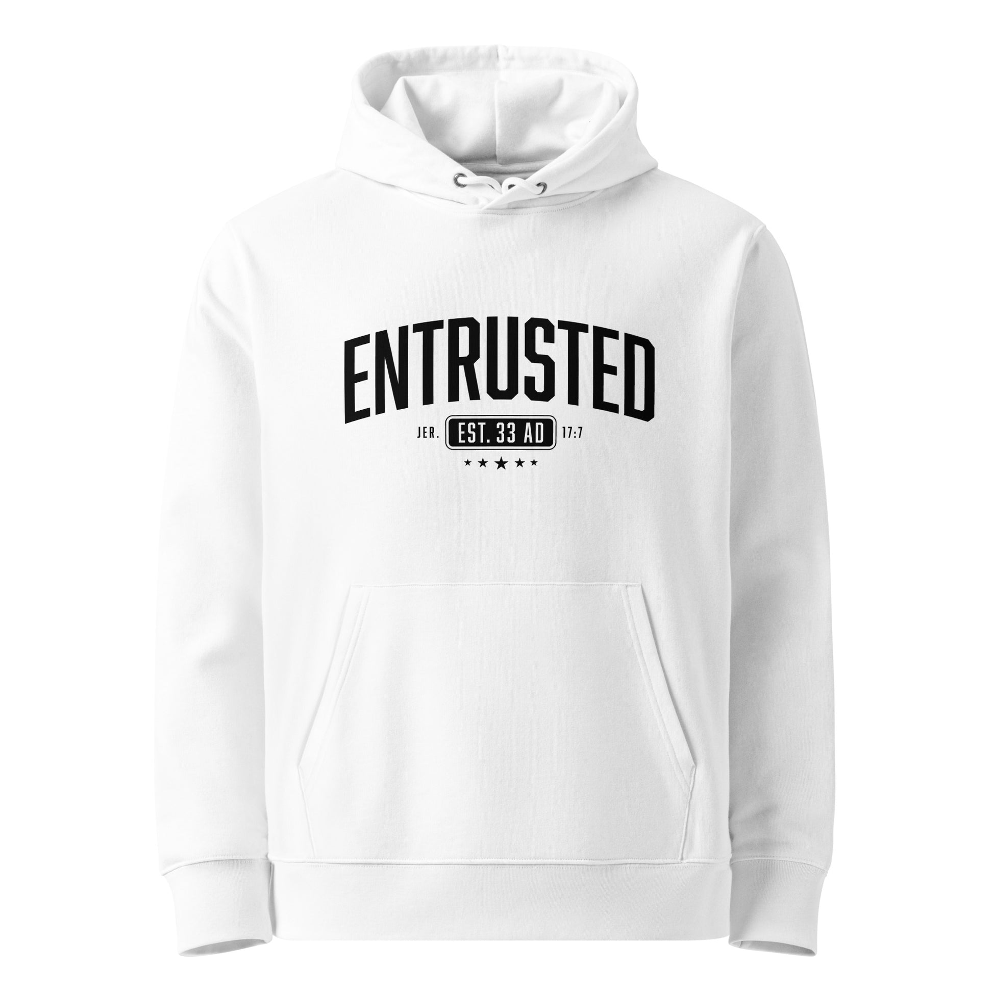 Entrusted Est. 33AD Christian hoodie white front view — Entrusted to Him