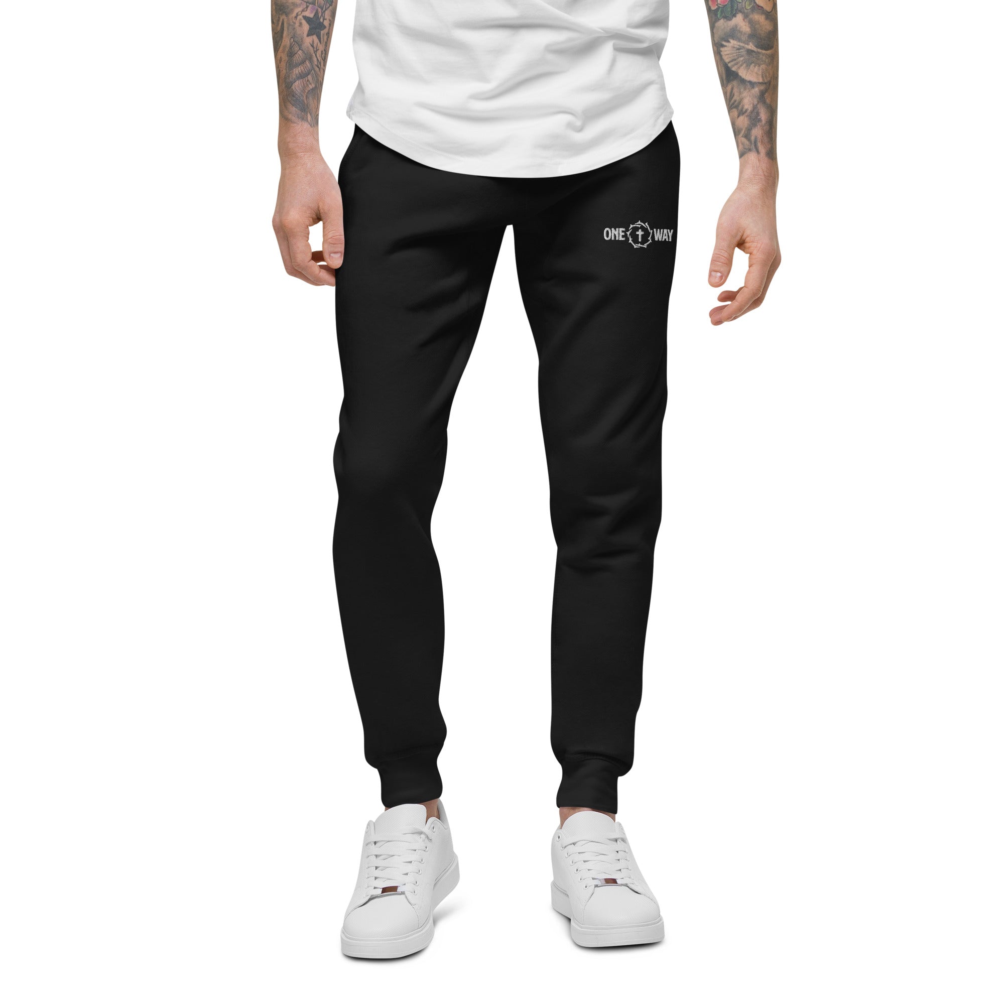 Image of Man wearing the One Way fleece sweatpants in black, front view