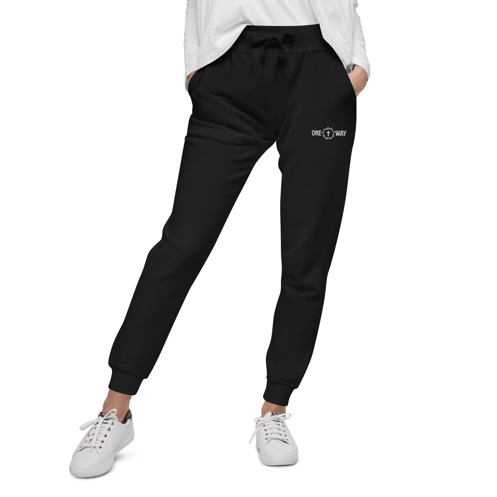 Image of Woman wearing the One Way fleece sweatpants in black, front view