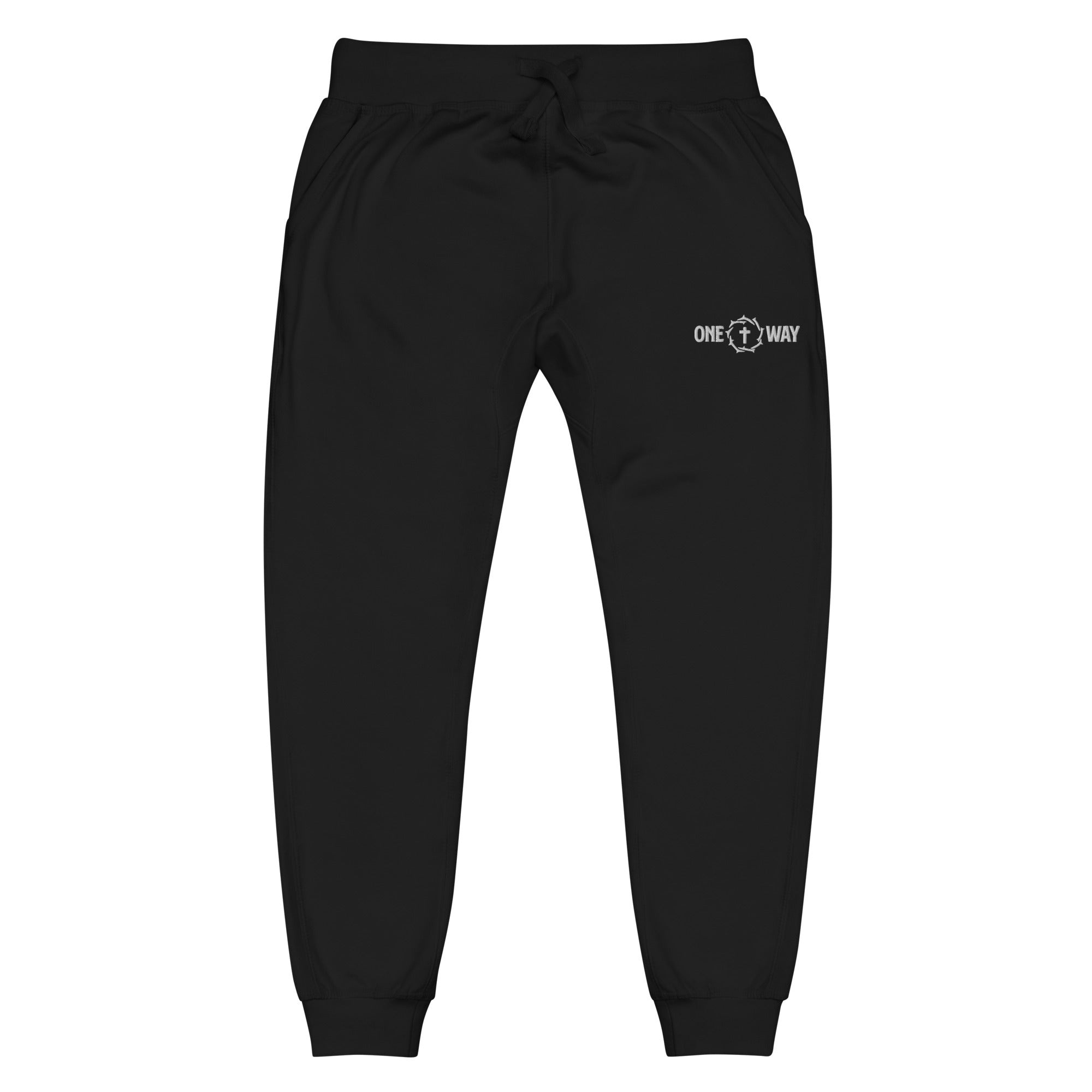 Image of One Way fleece sweatpants in black with a small cross and crown of thorns logo on the hip, front view