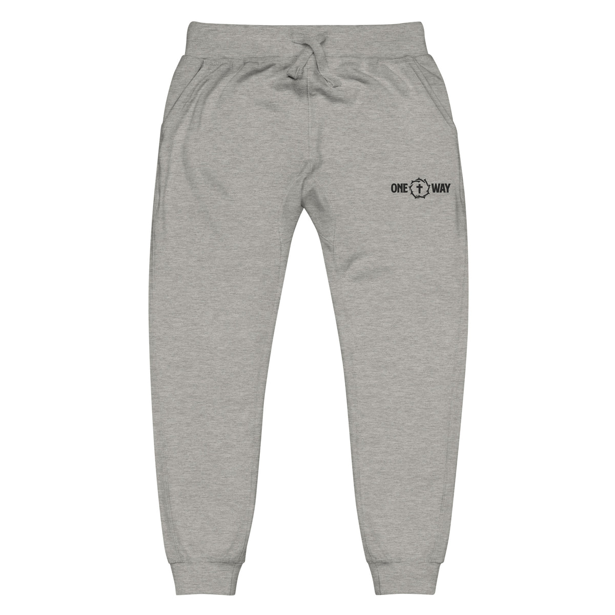One Way fleece sweatpants in carbon grey with a small cross and crown of thorns logo on the hip, front view