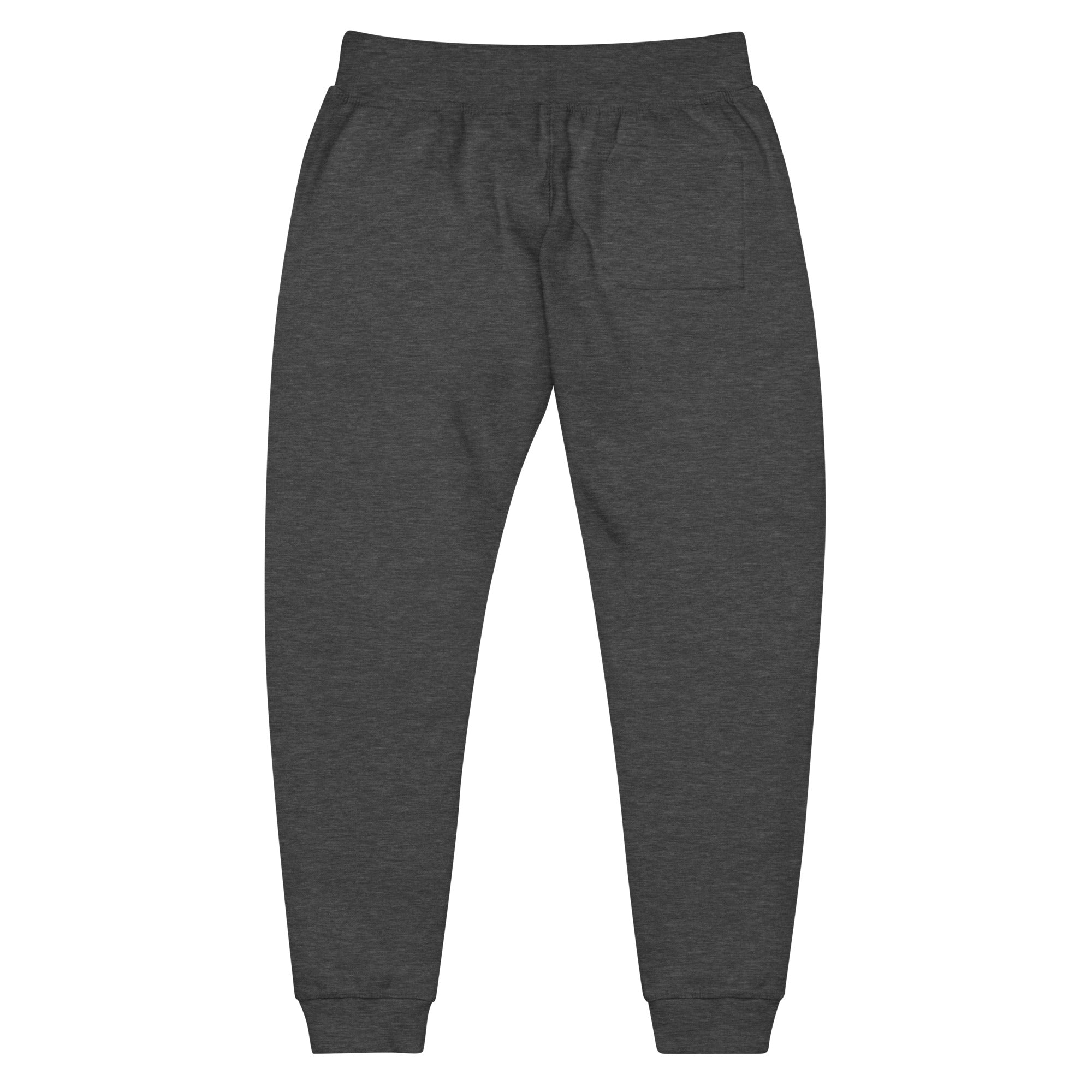 Image of One Way fleece sweatpants in charcoal heather, back view with back pocket