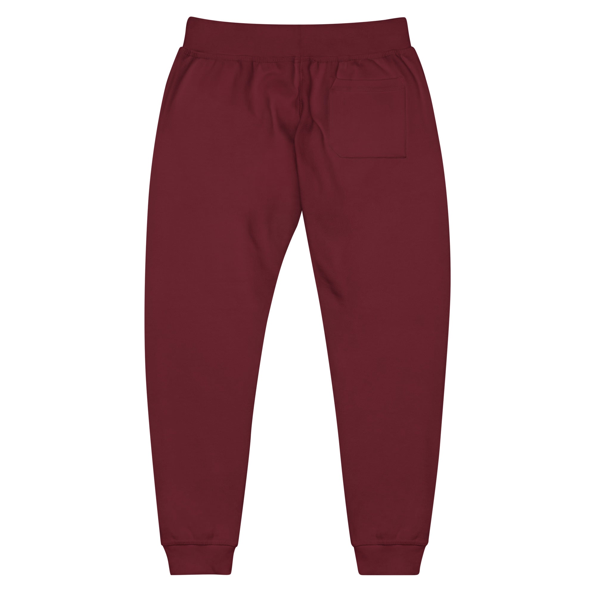 Image of One Way fleece sweatpants in maroon, back view with back pocket
