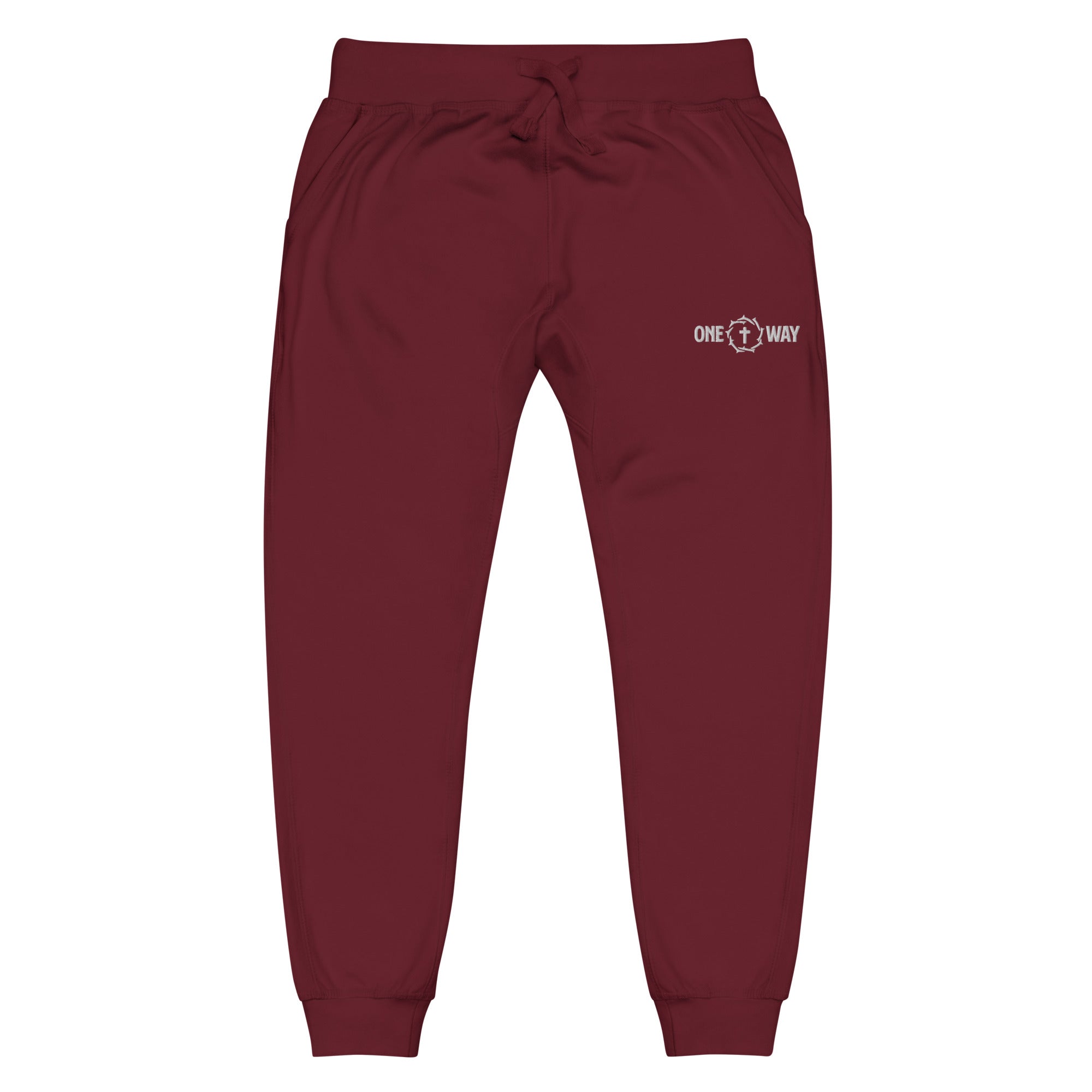 Image of One Way fleece sweatpants in maroon with a small cross and crown of thorns logo on the hip, front view