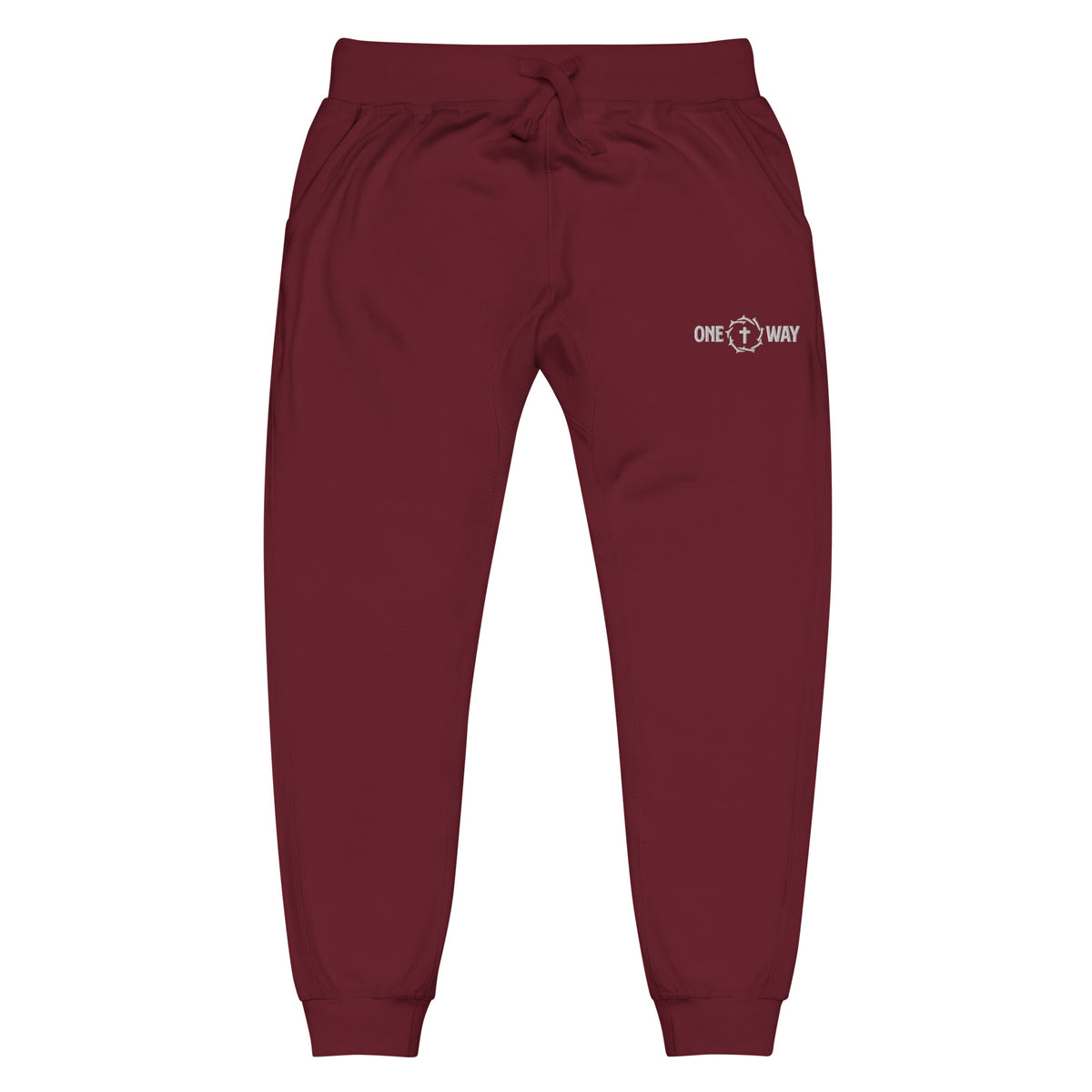 One Way fleece sweatpants in maroon with a small cross and crown of thorns logo on the hip, front view