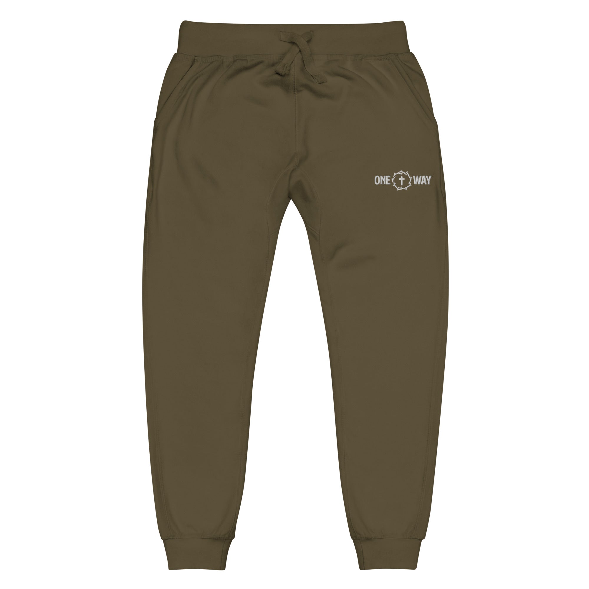 Image of One Way fleece sweatpants in military green with a small cross and crown of thorns logo on the hip, front view