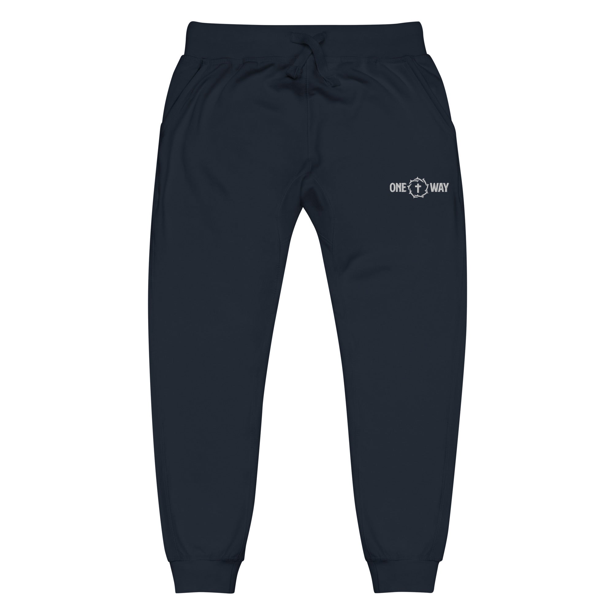 Image of One Way fleece sweatpants in navy blazer with a small cross and crown of thorns logo on the hip, front view