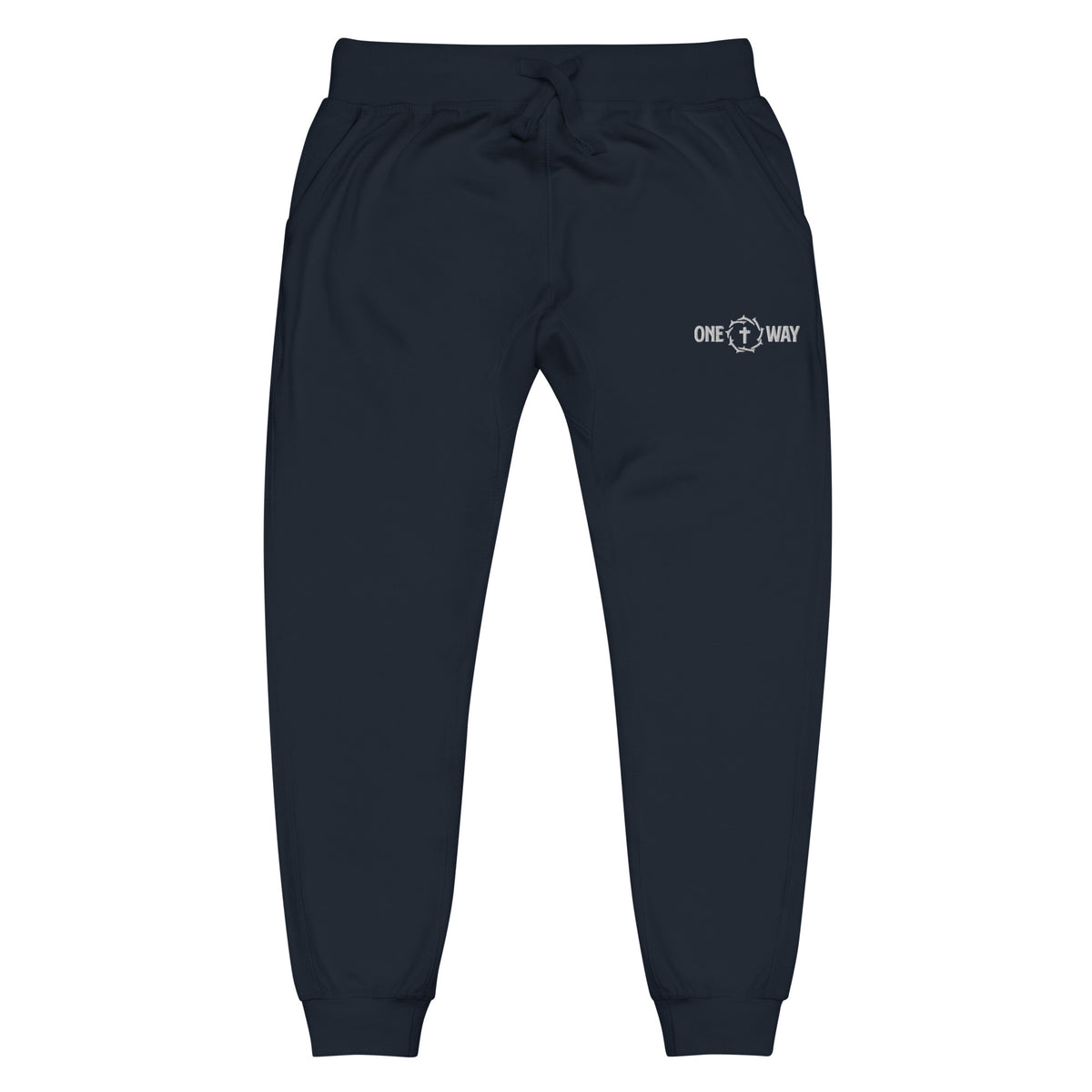 One Way fleece sweatpants in navy blazer with a small cross and crown of thorns logo on the hip, front view
