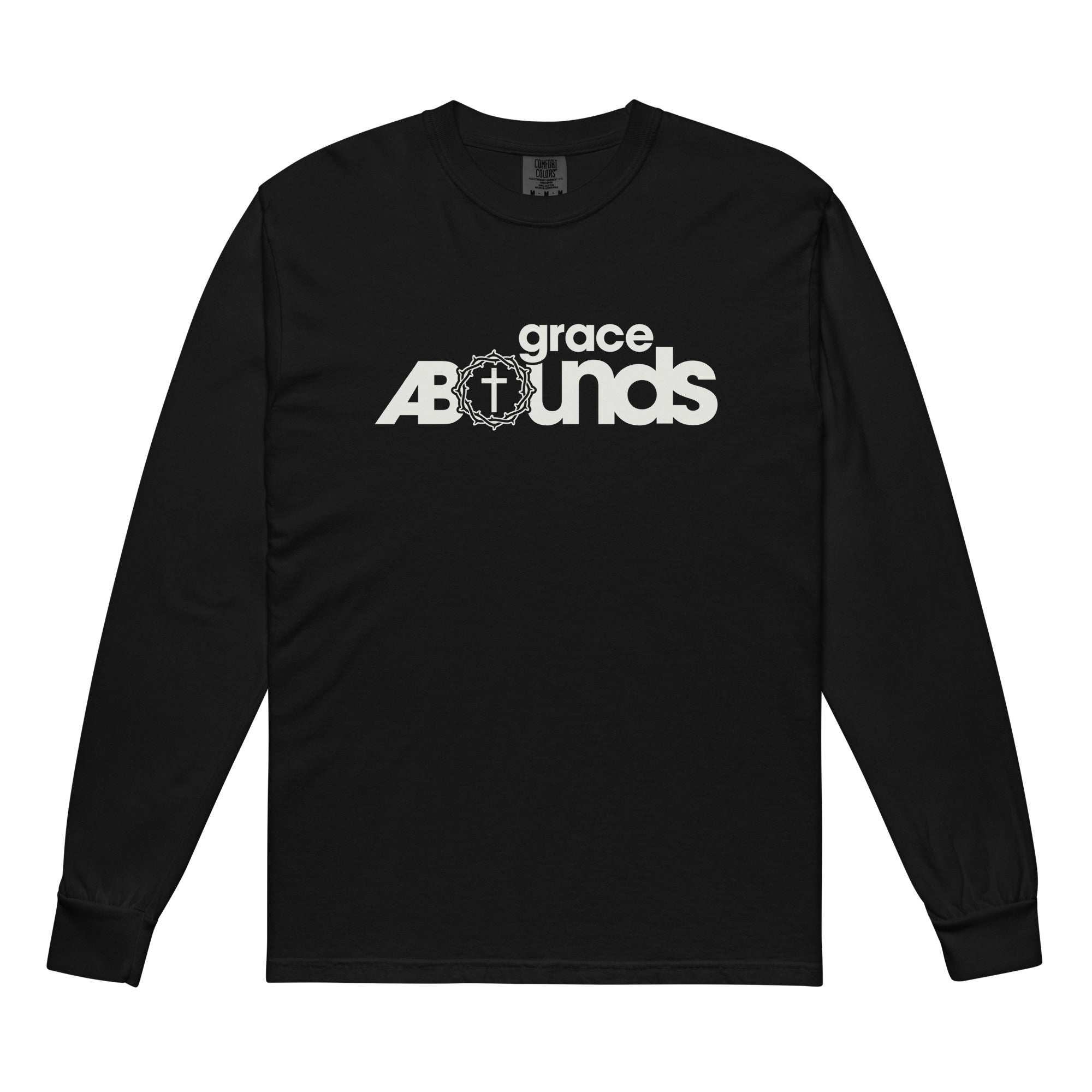Image of Grace Abounds christian shirt black front view — jesus shirt inspired by Romans 5:20