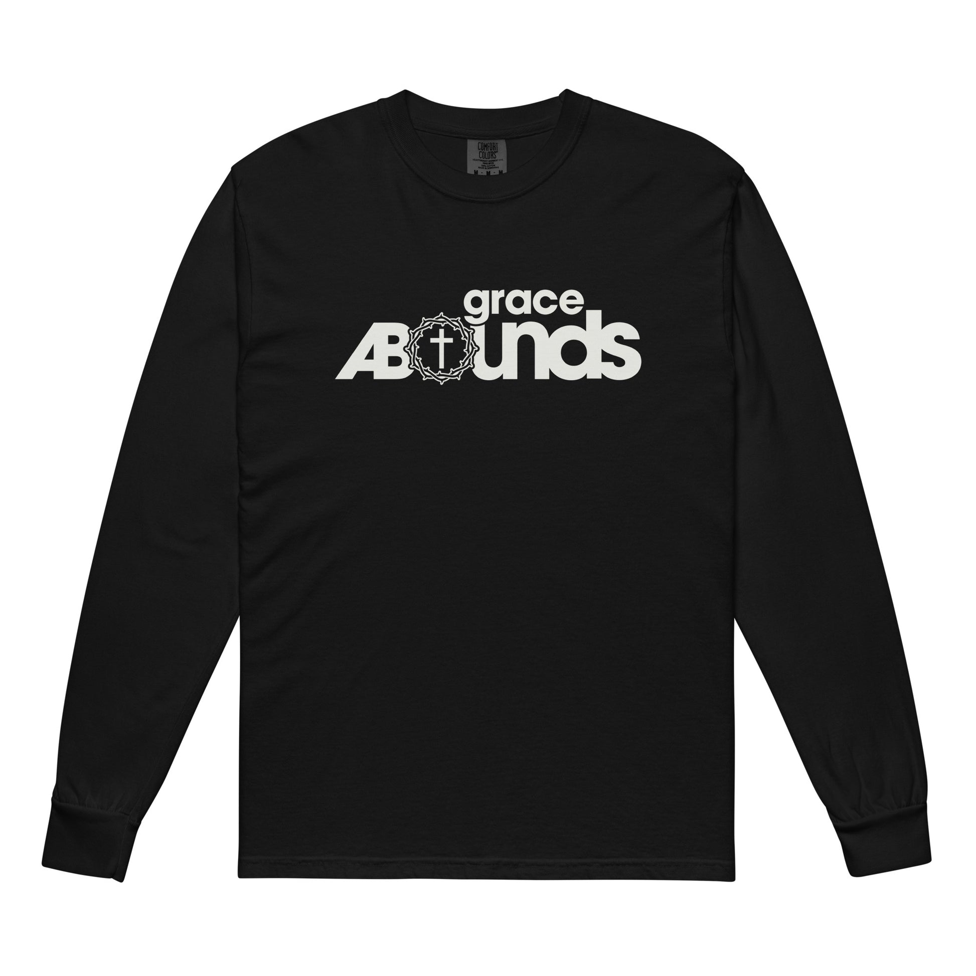 Grace Abounds christian shirt black front view — jesus shirt inspired by Romans 5:20