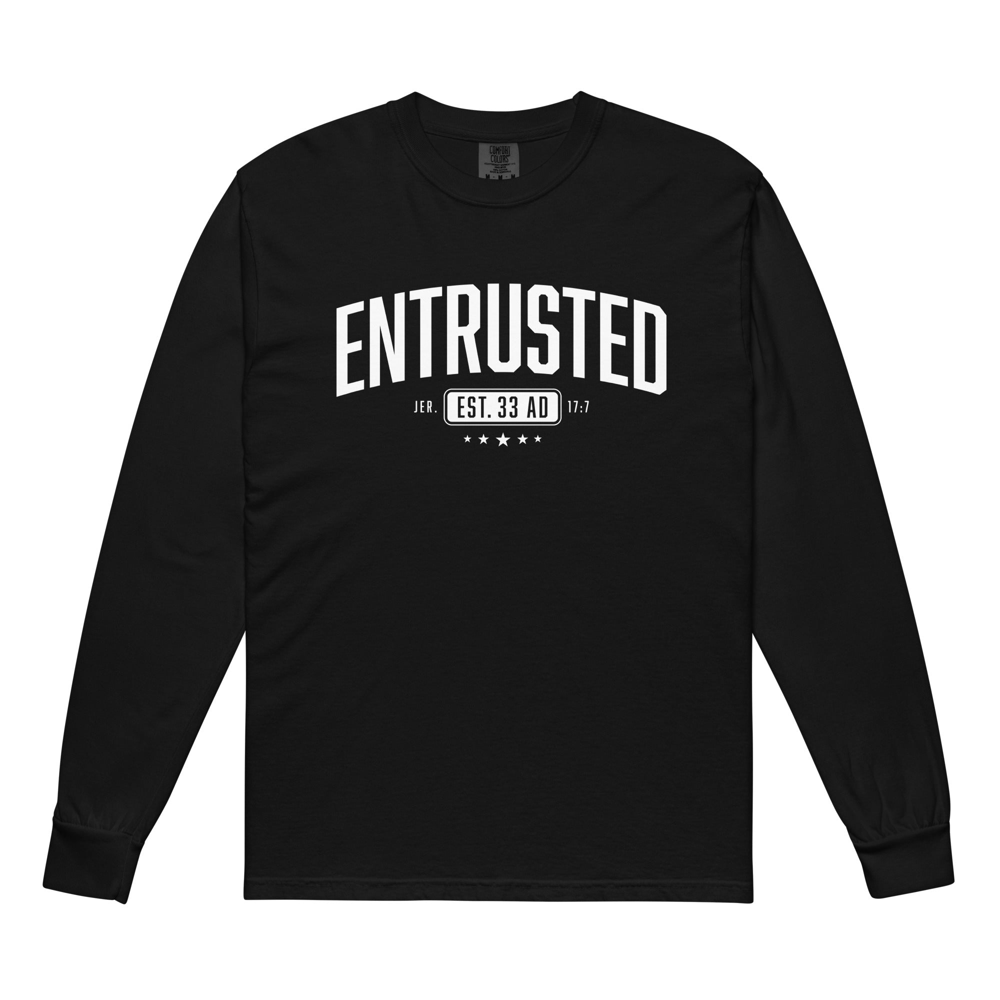 Image of Entrusted Est. 33AD christian shirt black front view — faith apparel inspired by Est. 33AD
