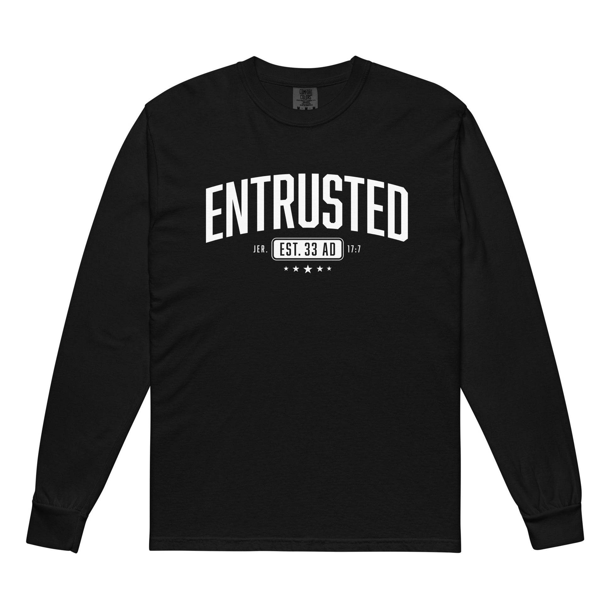 Entrusted Est. 33AD christian shirt black front view — faith apparel inspired by Est. 33AD