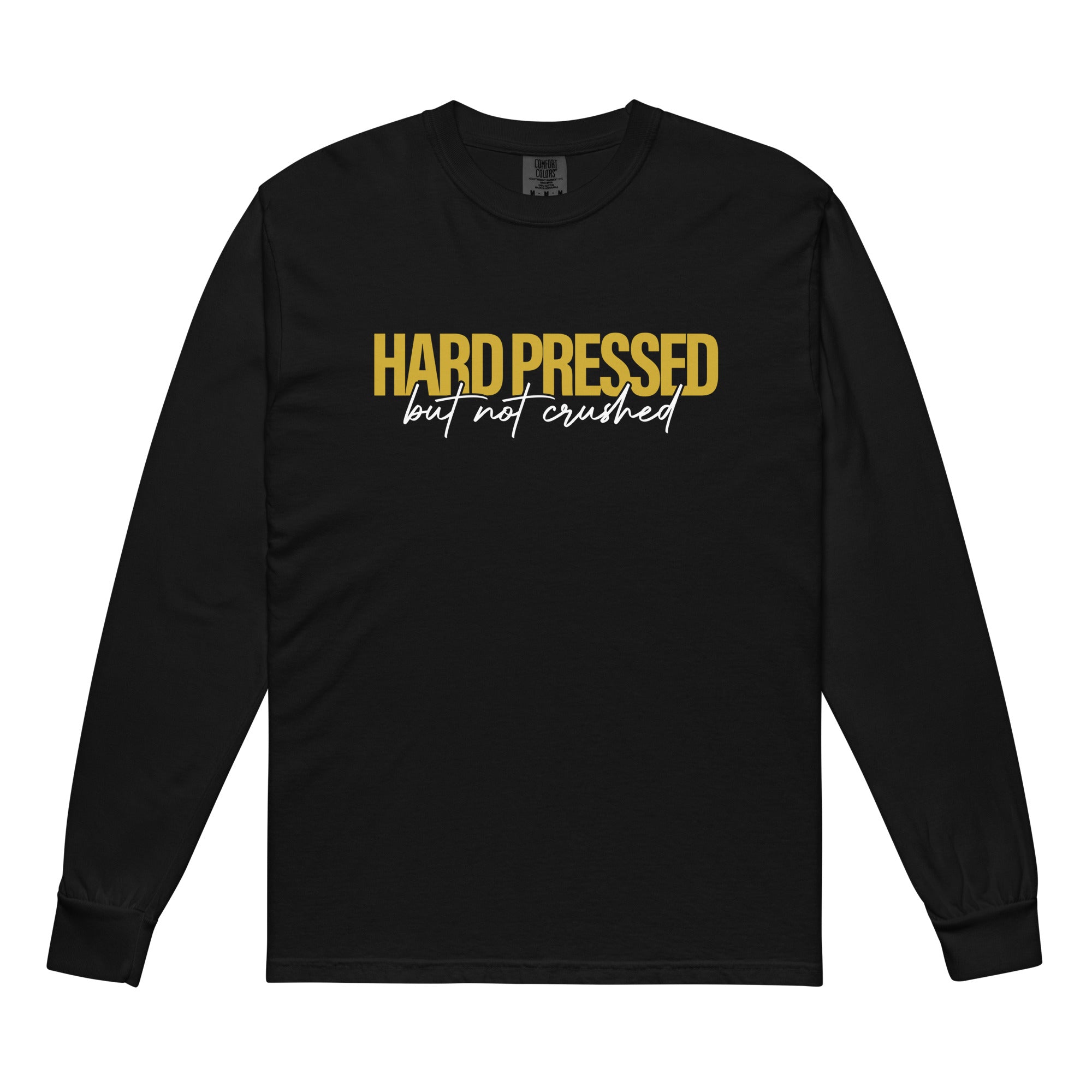 Image of Hard Pressed christian shirt black front view — faith apparel inspired by 2 Corinthians 4:8