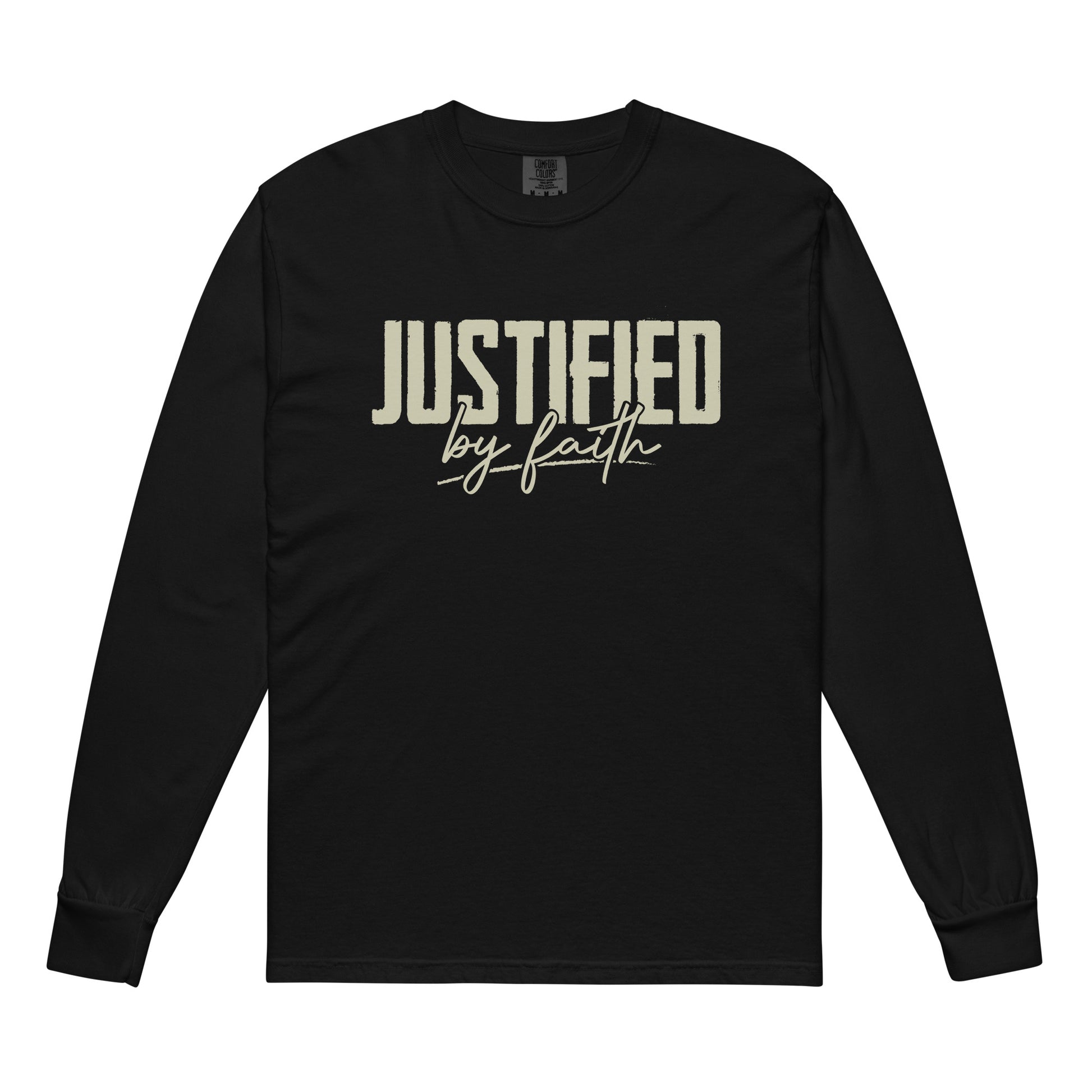 Justified by Faith christian shirt Black front view — faith apparel inspired by Romans 5:1