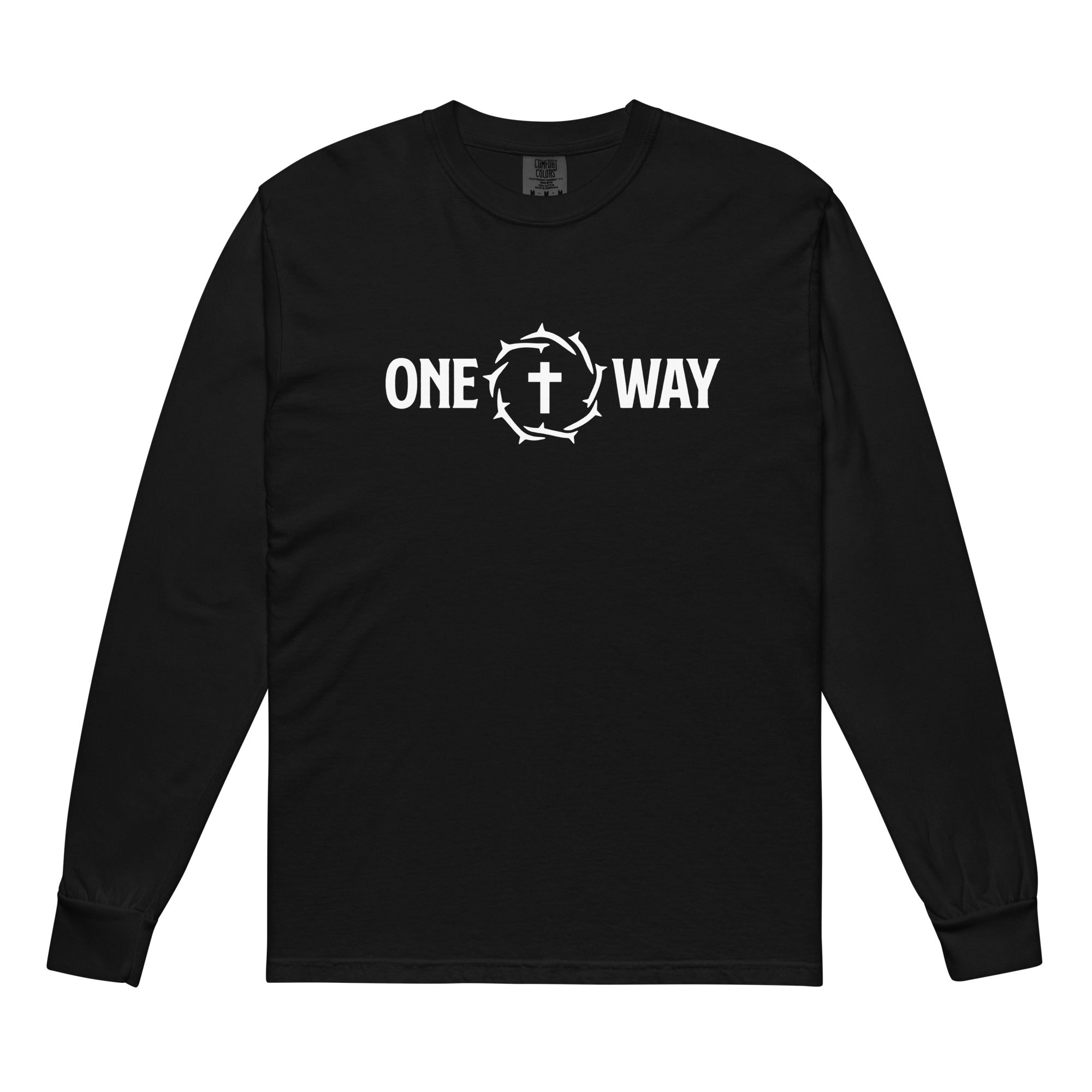 Image of One Way long sleeve shirt in black with cross and crown of thorns design, front view