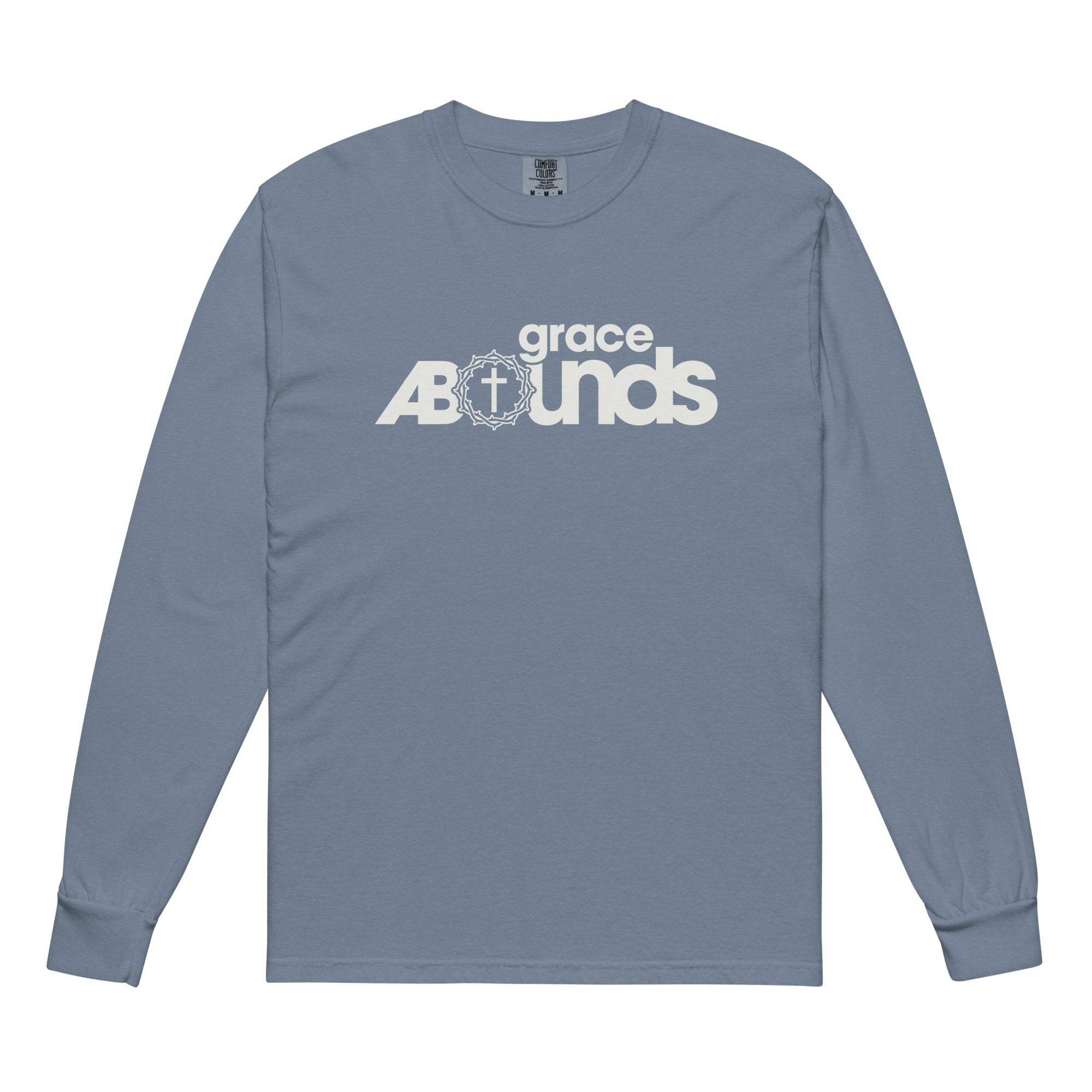 Image of Grace Abounds christian shirt blue jean front — garment-dyed faith shirt for men and women