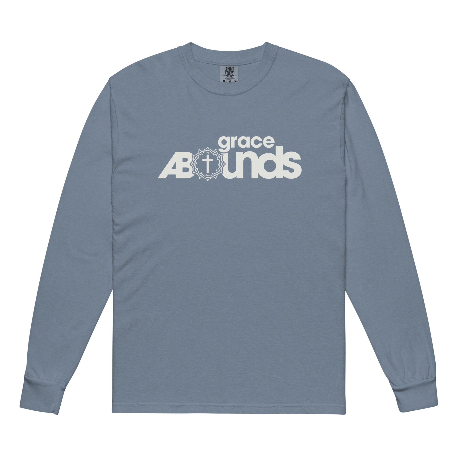 Grace Abounds christian shirt blue jean front — garment-dyed faith shirt for men and women