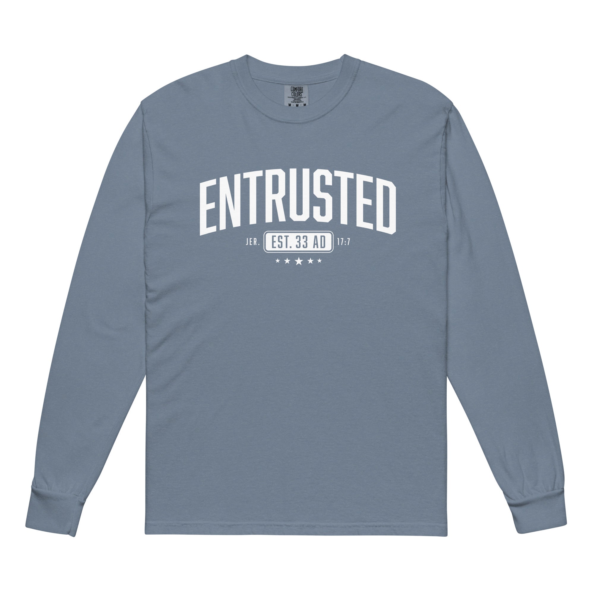 Image of Entrusted Est. 33AD christian long sleeve shirt blue jean front — jesus shirt garment-dyed