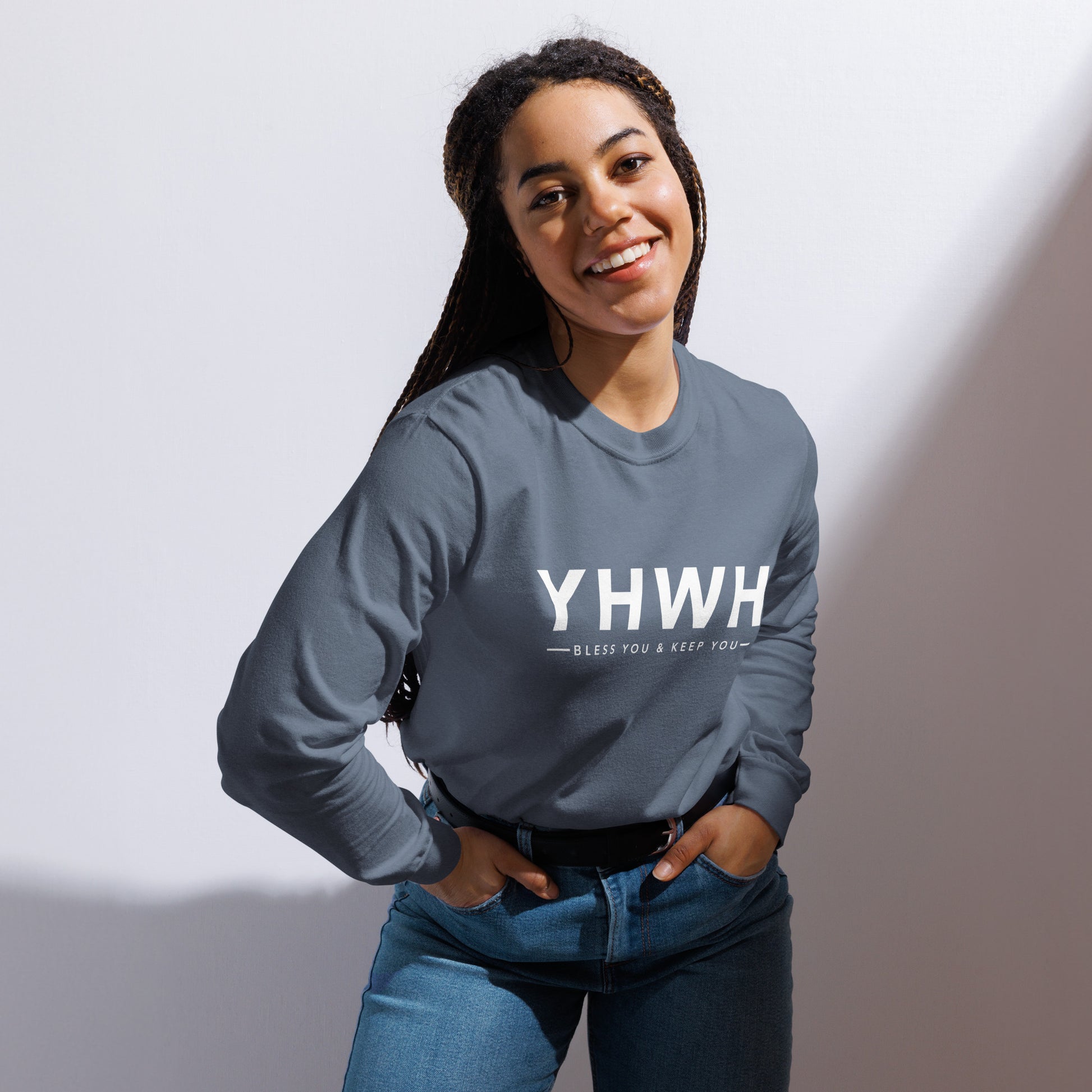 YHWH christian long sleeve shirt blue jean second front — faith shirt Entrusted to Him