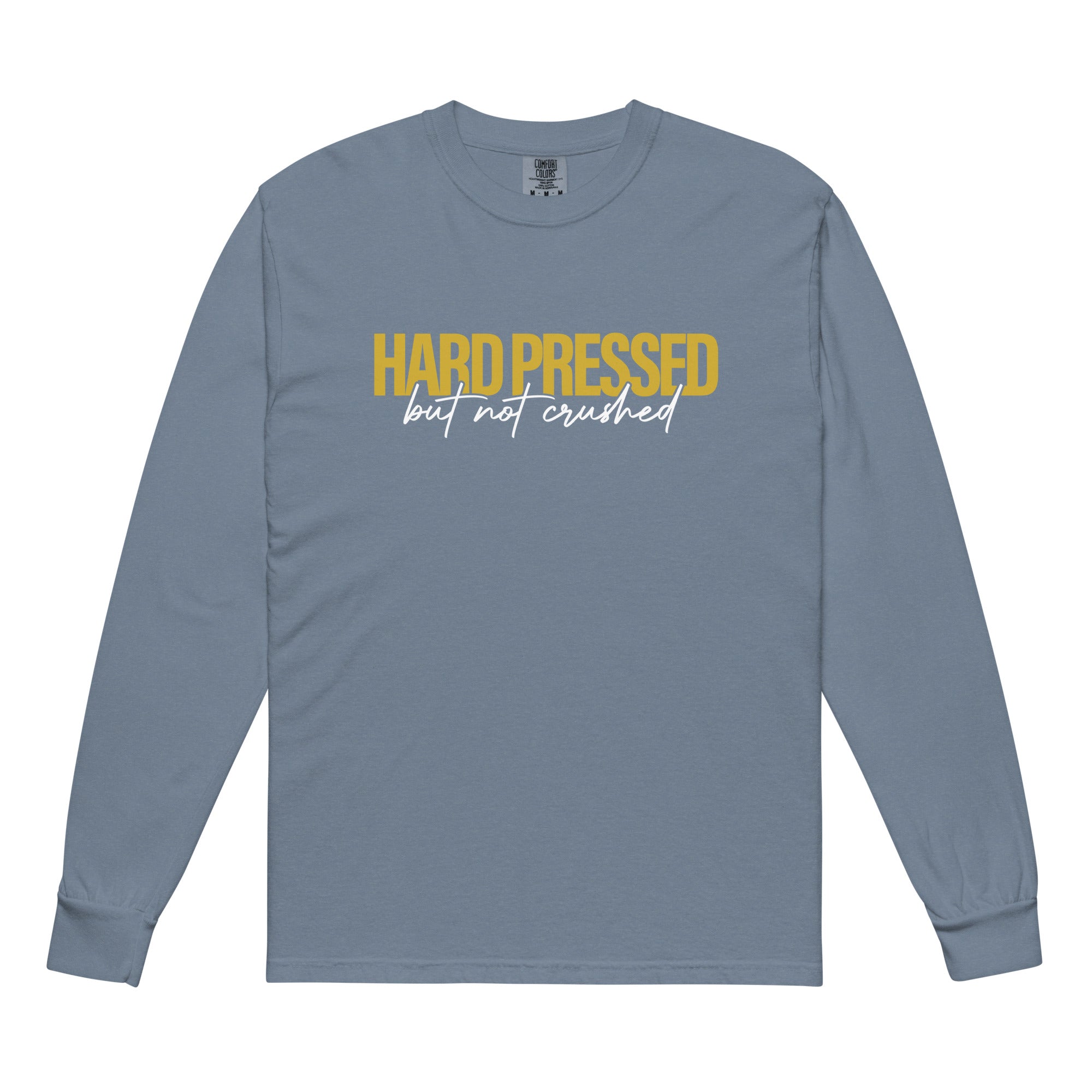 Image of Hard Pressed christian shirt blue jean front — garment-dyed christian long sleeve shirt