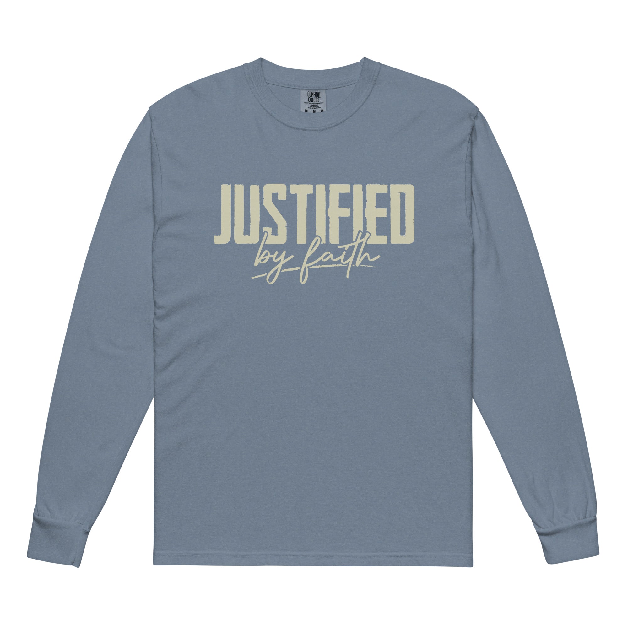 Image of  Justified by Faith christian shirt Blue Jean front — garment-dyed faith shirt Romans 5:1