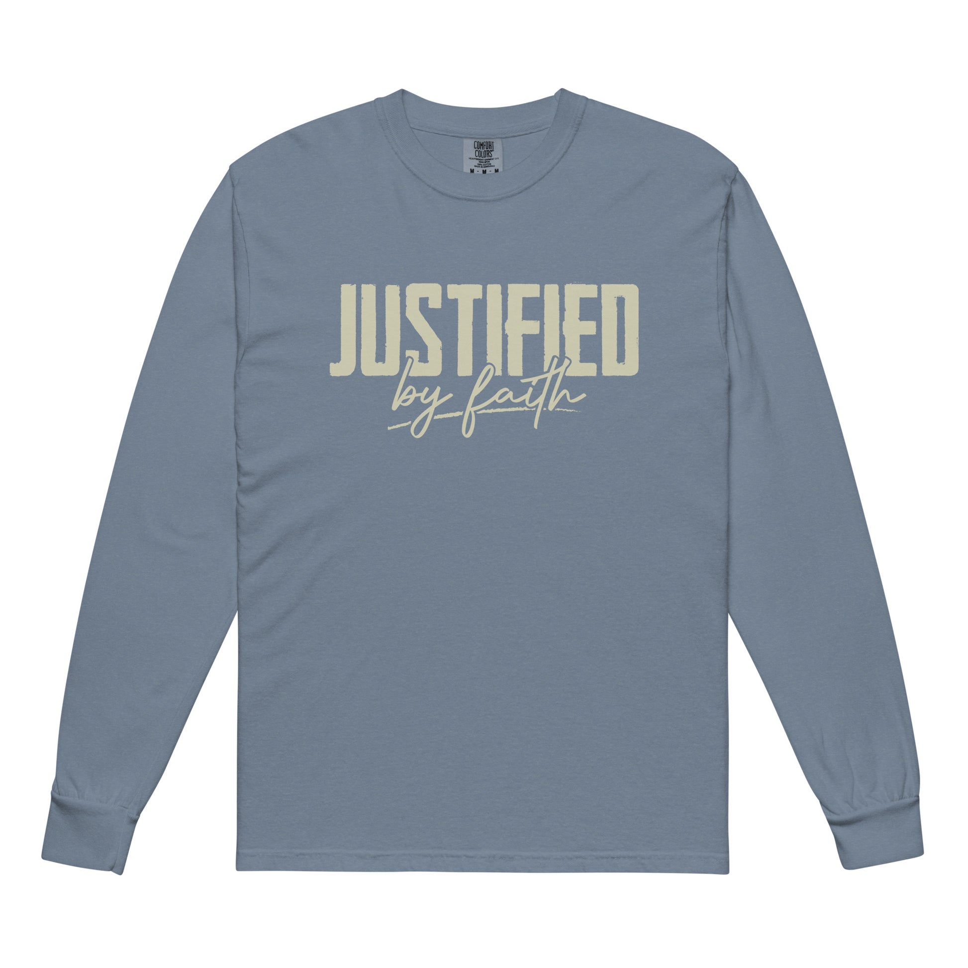  Justified by Faith christian shirt Blue Jean front — garment-dyed faith shirt Romans 5:1