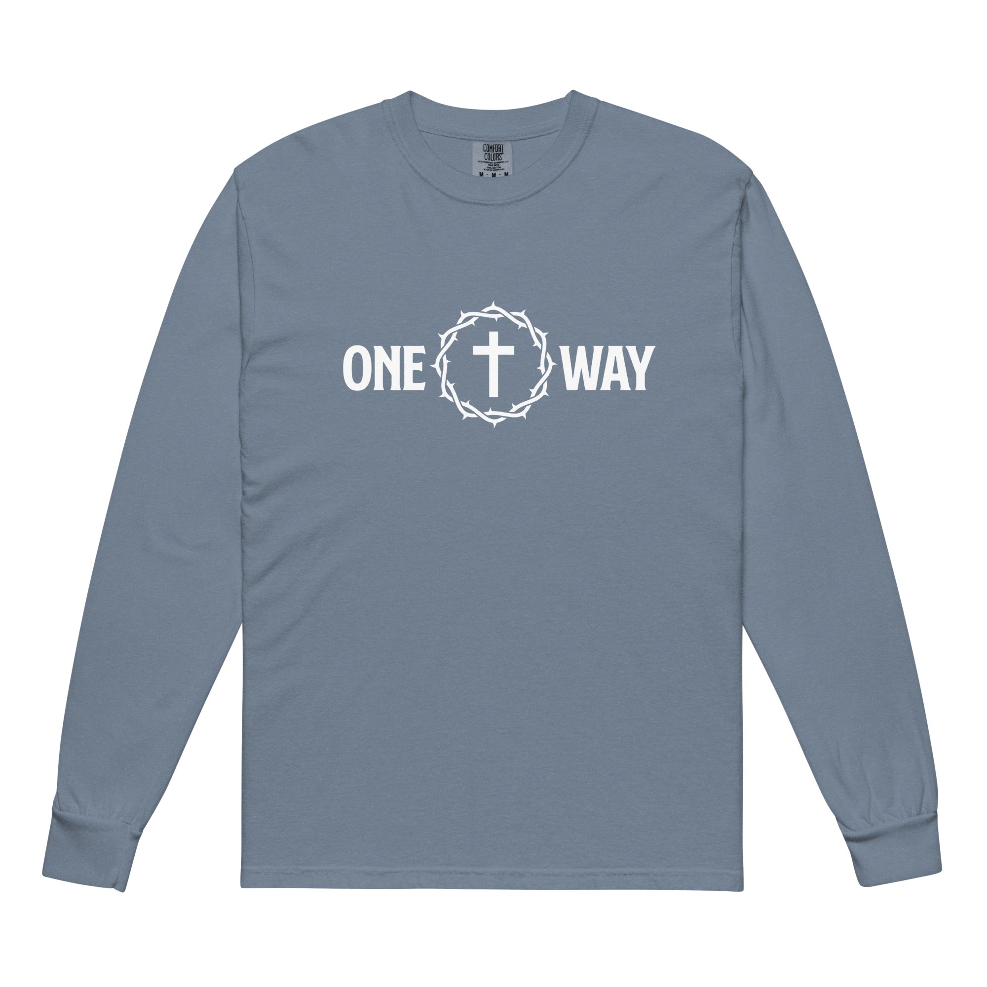 Image of One Way christian shirt Blue Jean front — garment-dyed faith shirt John 14:6
