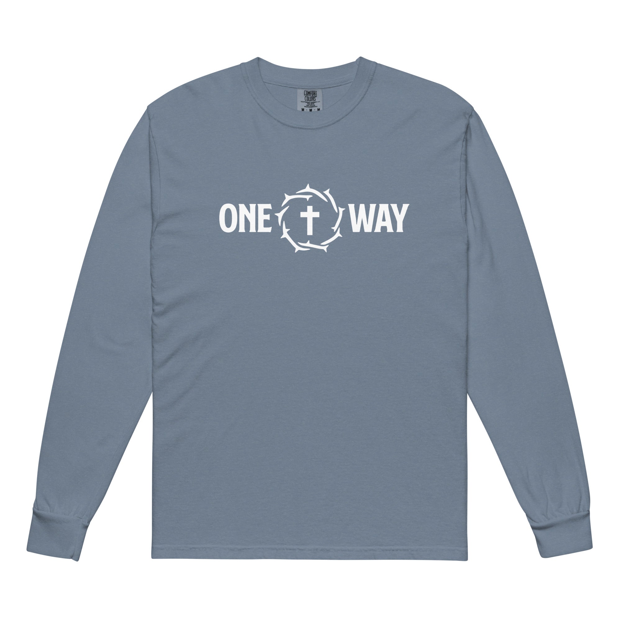 Image of One Way long sleeve shirt in blue jean with cross and crown of thorns design, front view