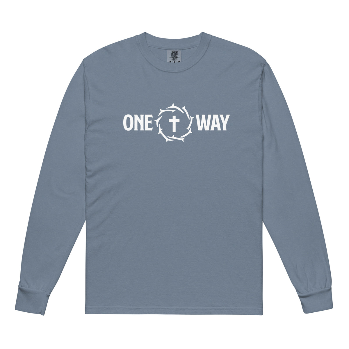 One Way long sleeve shirt in blue jean with cross and crown of thorns design, front view