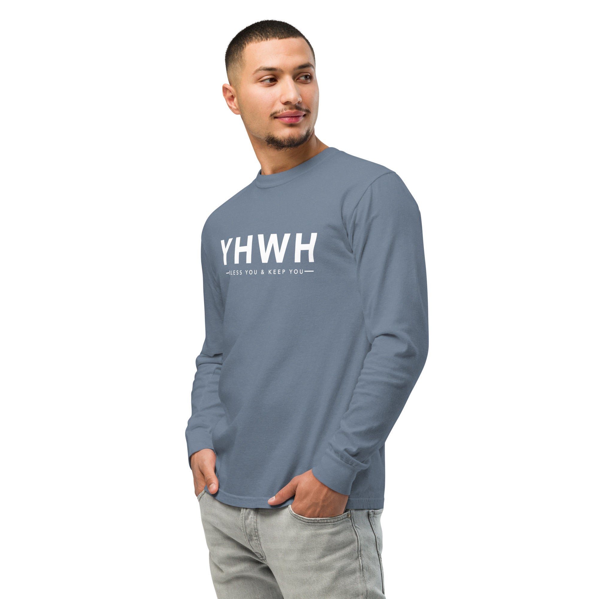 Image of YHWH christian long sleeve blue jean left front — bible verse shirt Entrusted to Him