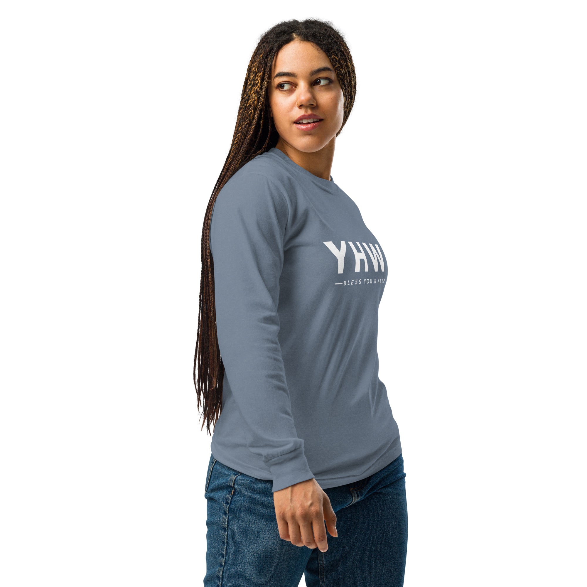 Image of YHWH christian shirt blue jean right side — faith apparel garment-dyed long sleeve