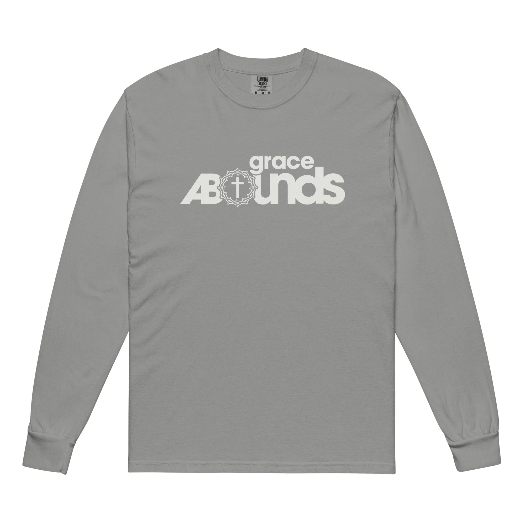 Image of Grace Abounds christian long sleeve shirt grey front — faith shirt inspired by Romans 5:20