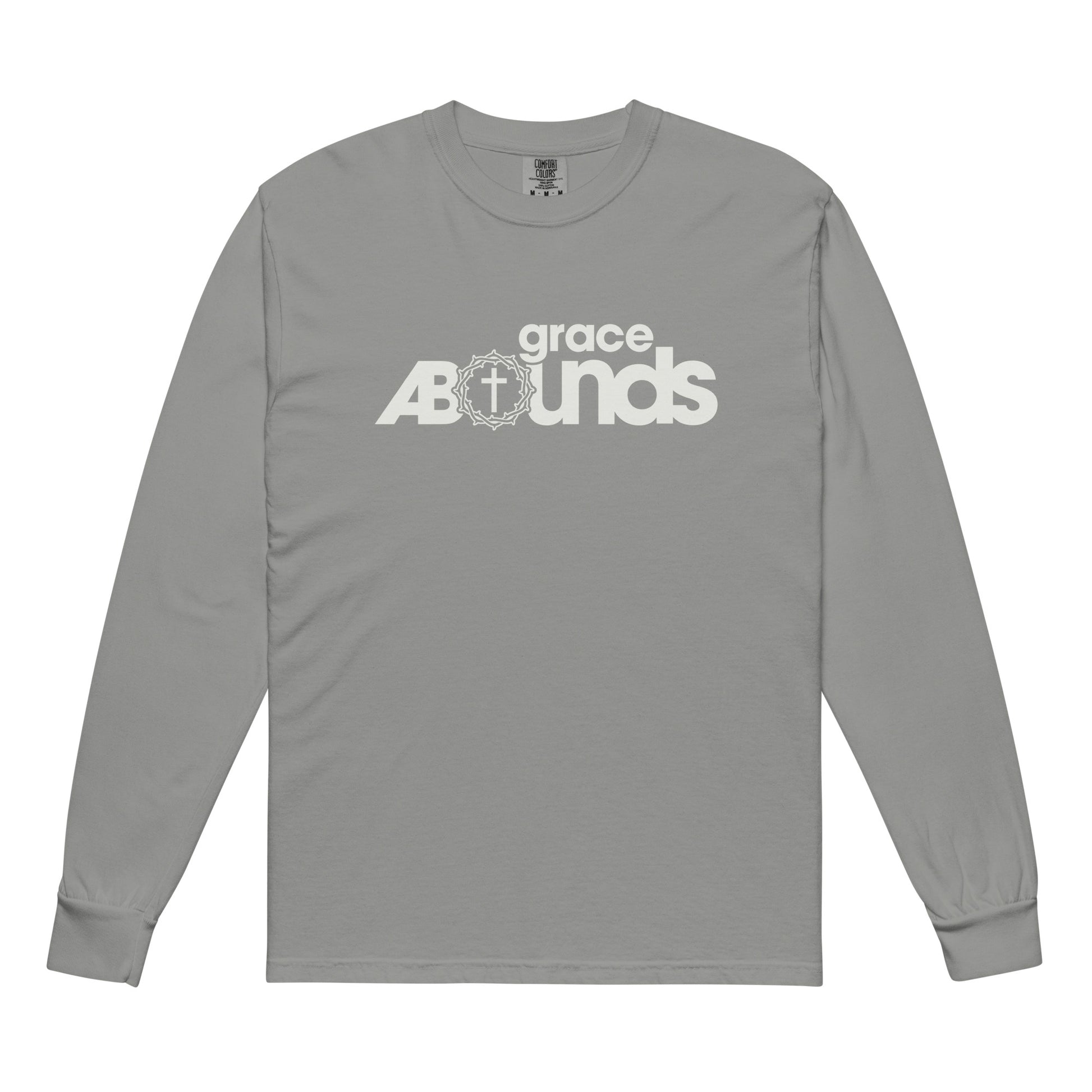 Grace Abounds christian long sleeve shirt grey front — faith shirt inspired by Romans 5:20