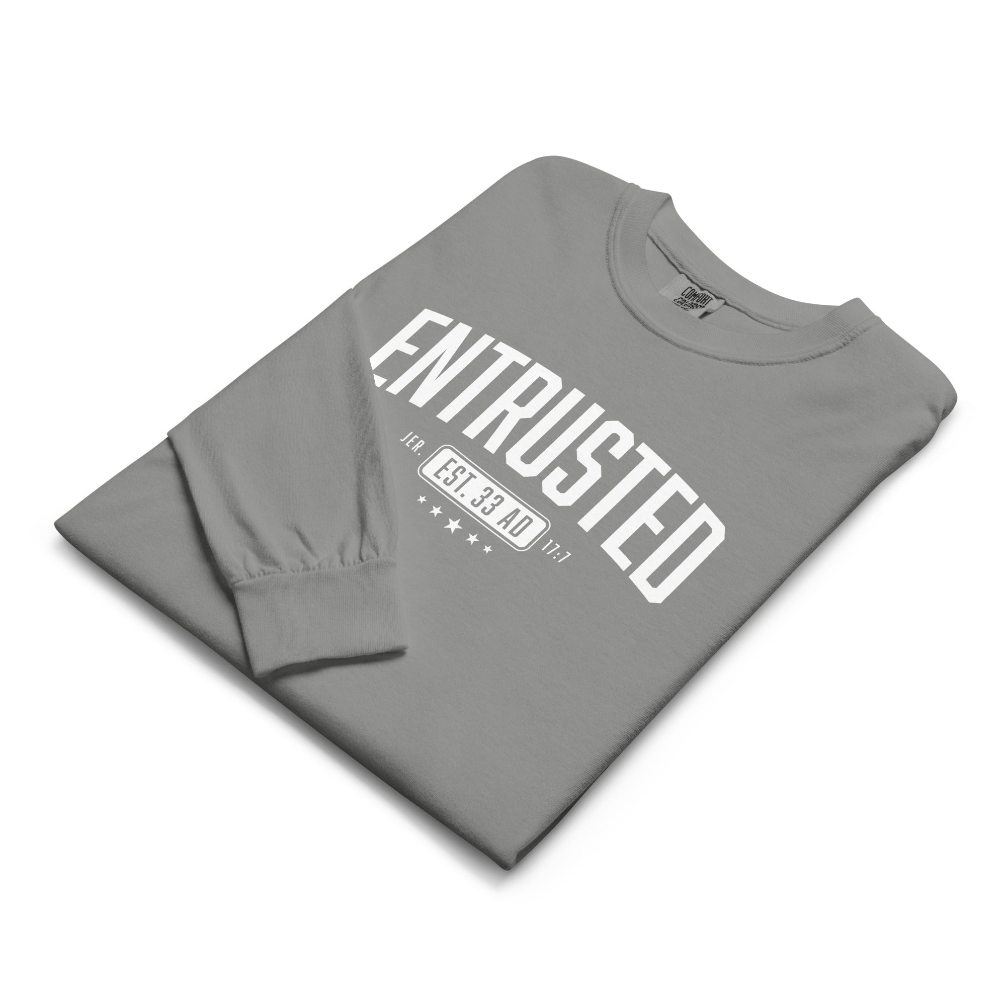 Image of Entrusted Est. 33AD faith shirt grey lifestyle front — christian shirts Entrusted to Him
