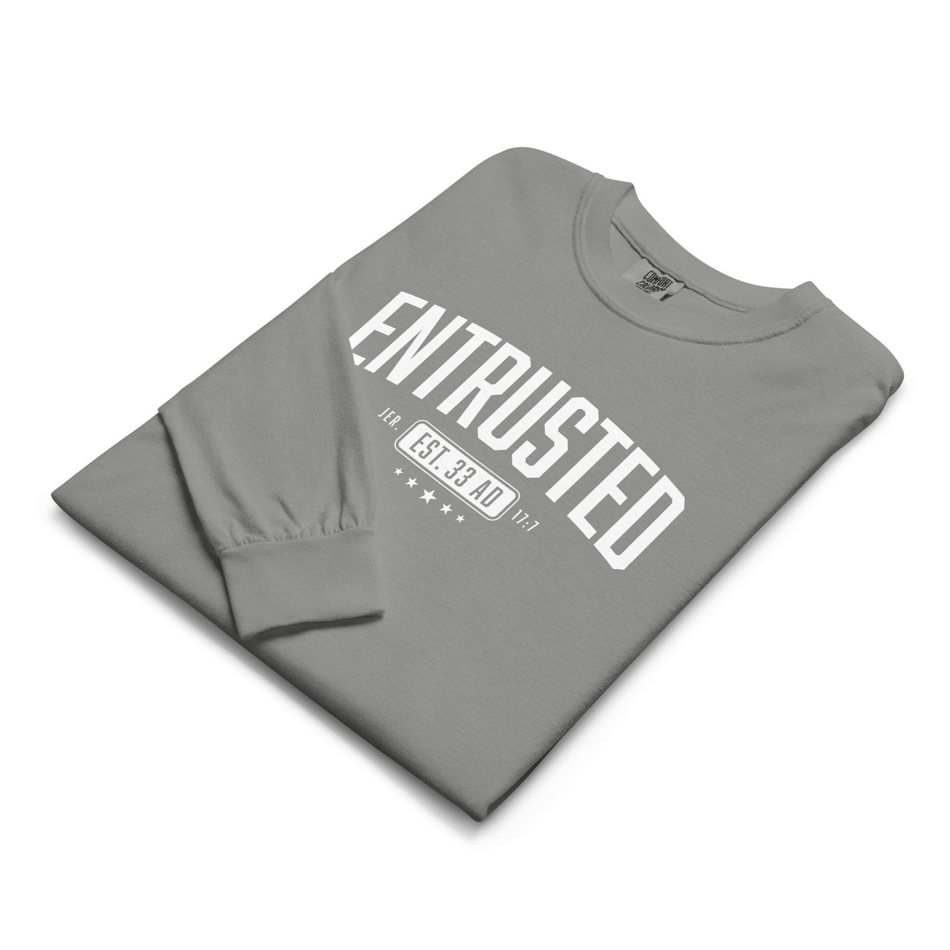 Entrusted Est. 33AD faith shirt grey lifestyle front — christian shirts Entrusted to Him