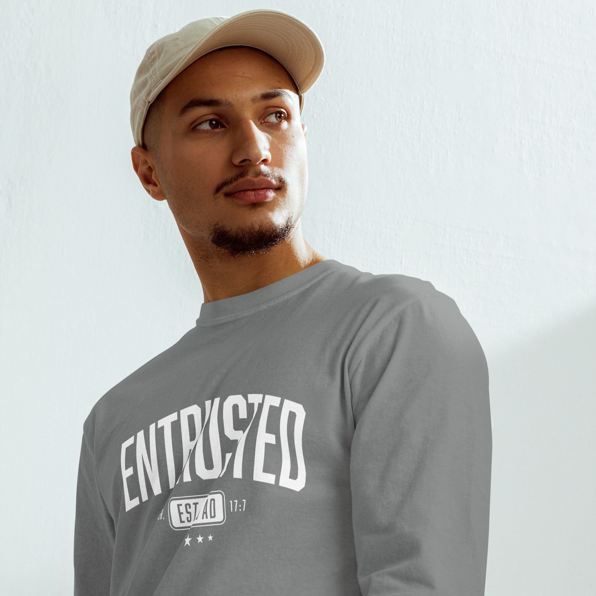 Image of Entrusted Est. 33AD christian long sleeve shirt grey second front — faith shirt Entrusted to Him