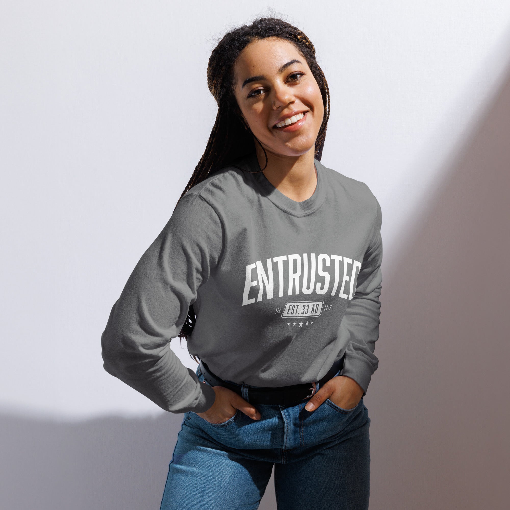 Image of Entrusted Est. 33AD christian long sleeve grey styled front — christian t-shirt for men and women