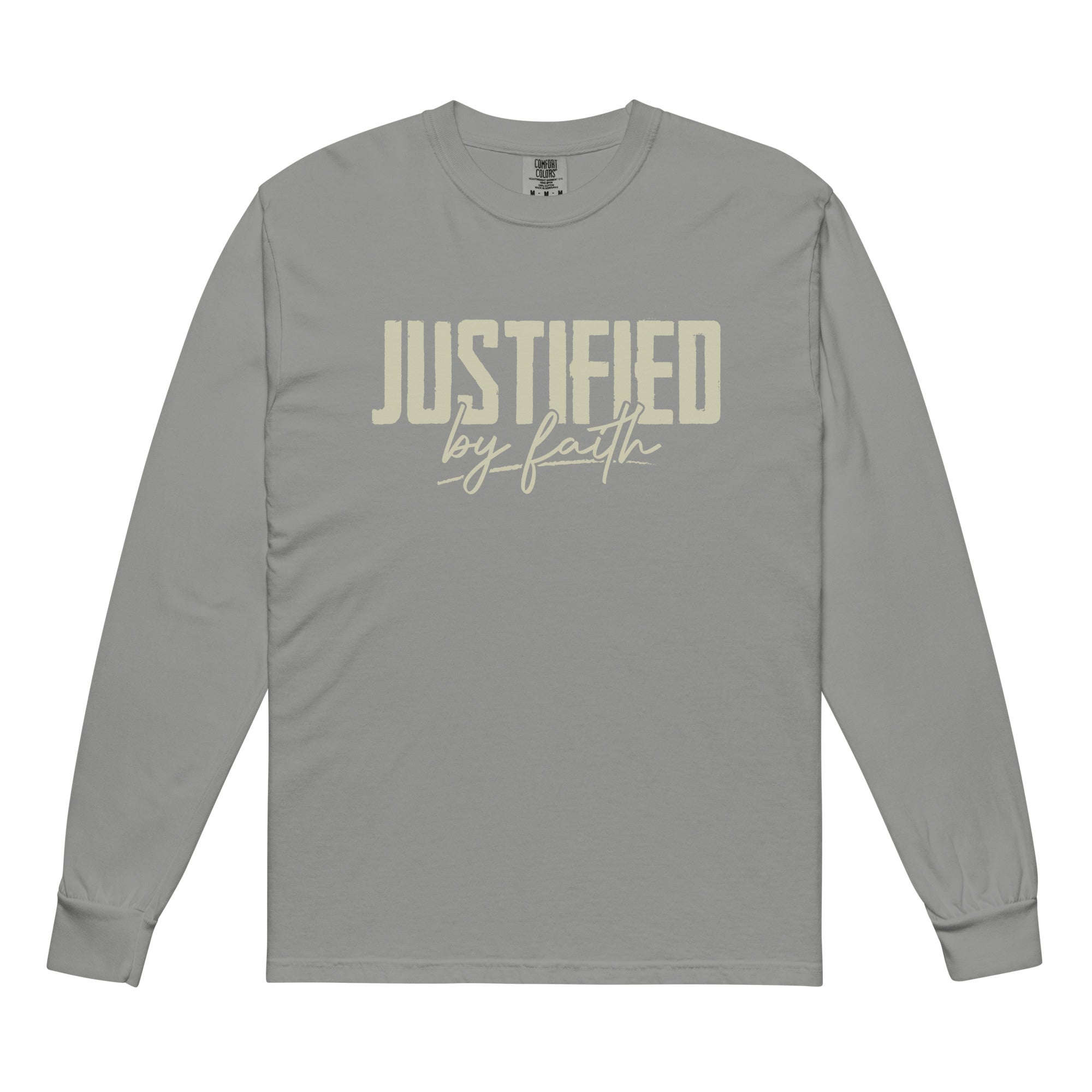 Image of Justified by Faith christian shirt Grey front — christian t-shirt for men and women Romans 5:1