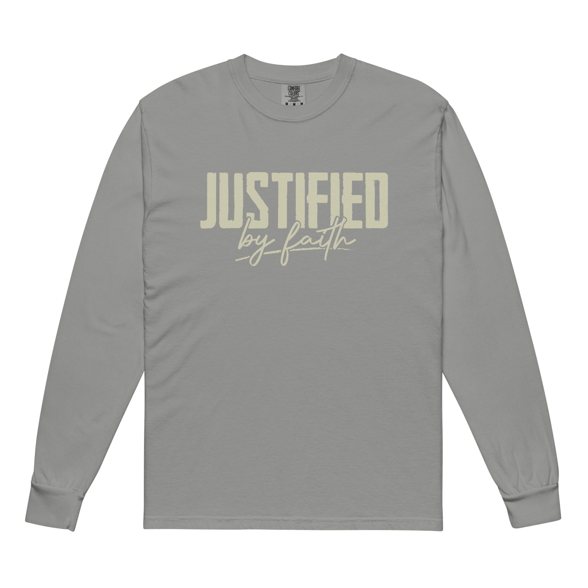 Justified by Faith christian shirt Grey front — christian t-shirt for men and women Romans 5:1