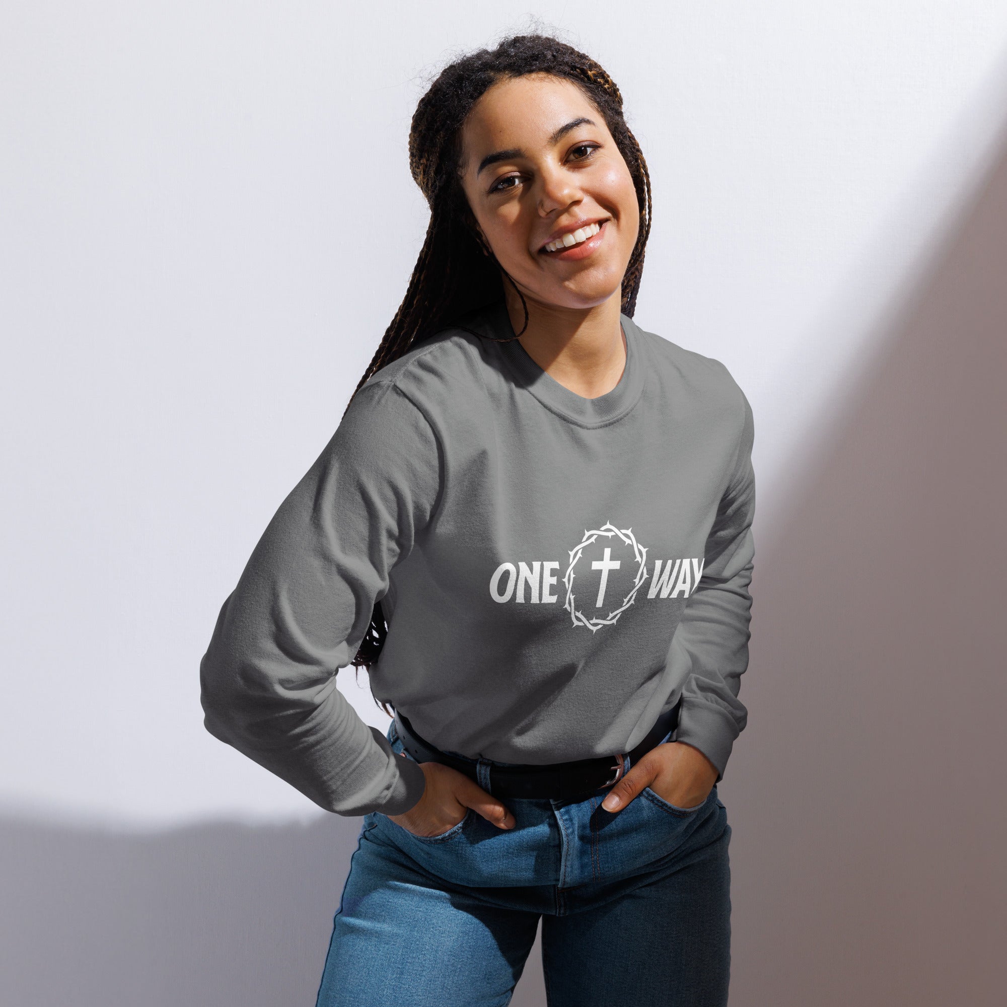 Image of One Way christian long sleeve Grey fourth front — christian t-shirt for men and women