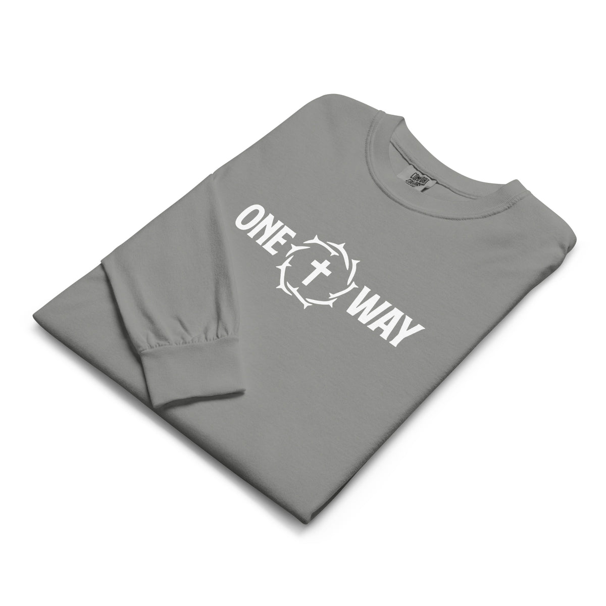 Folded One Way long sleeve shirt in grey showing the cross and crown of thorns design