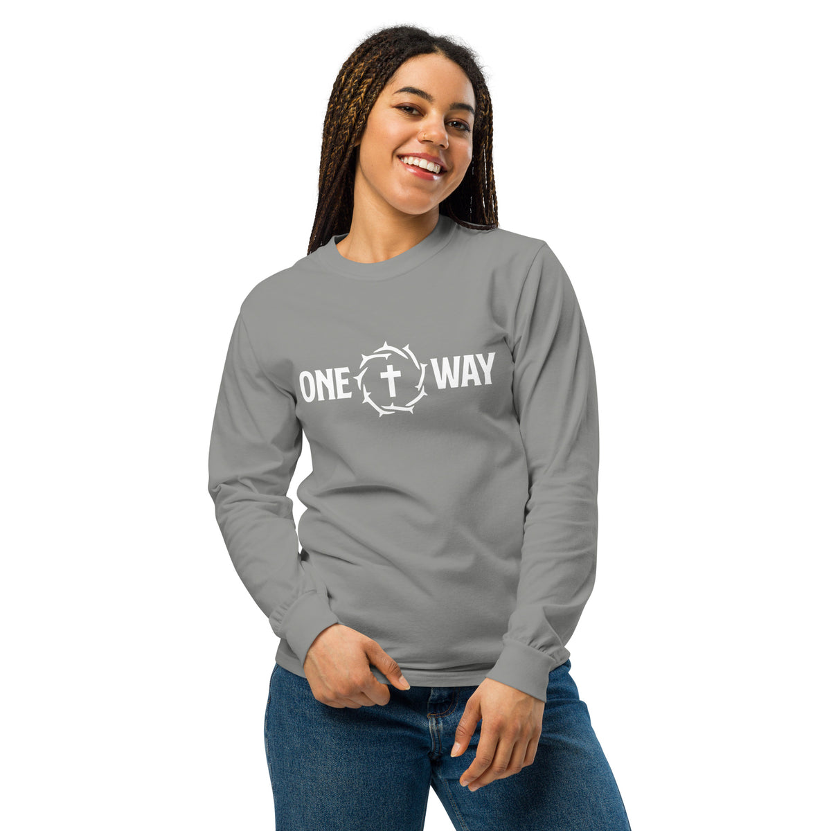 Woman wearing the One Way long sleeve shirt in grey with cross and crown of thorns design